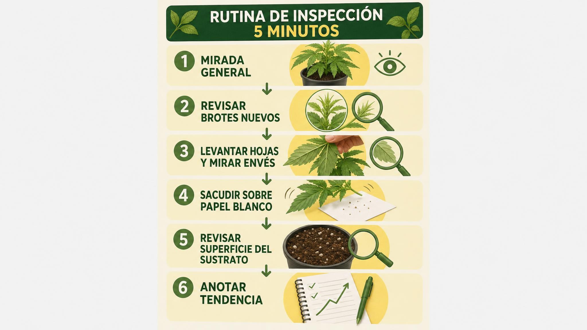 Flujograma de seis pasos para revisar plagas en plantas durante cinco minutos.