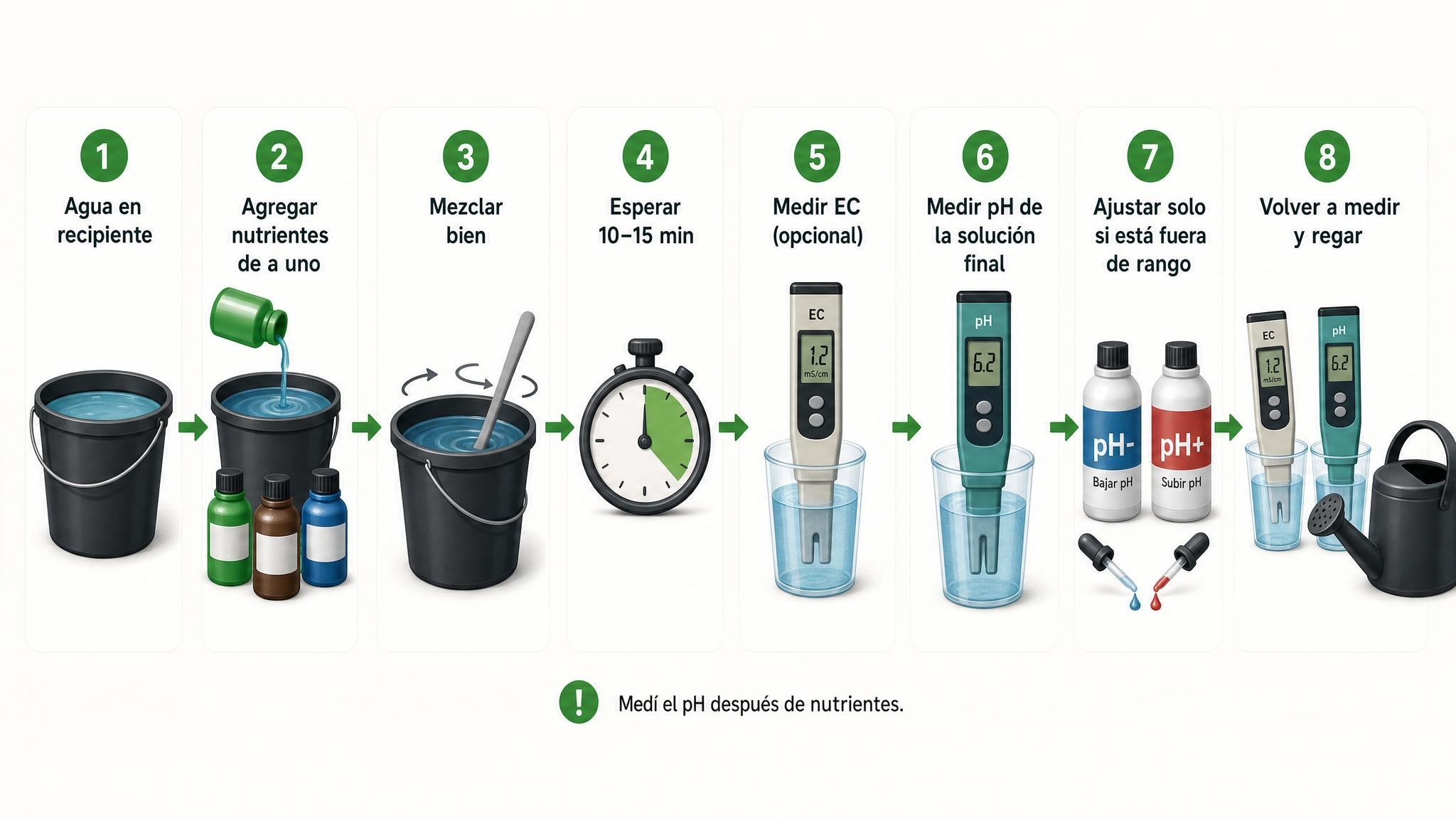 Secuencia correcta para preparar una solución de riego y medir el pH después de agregar nutrientes.