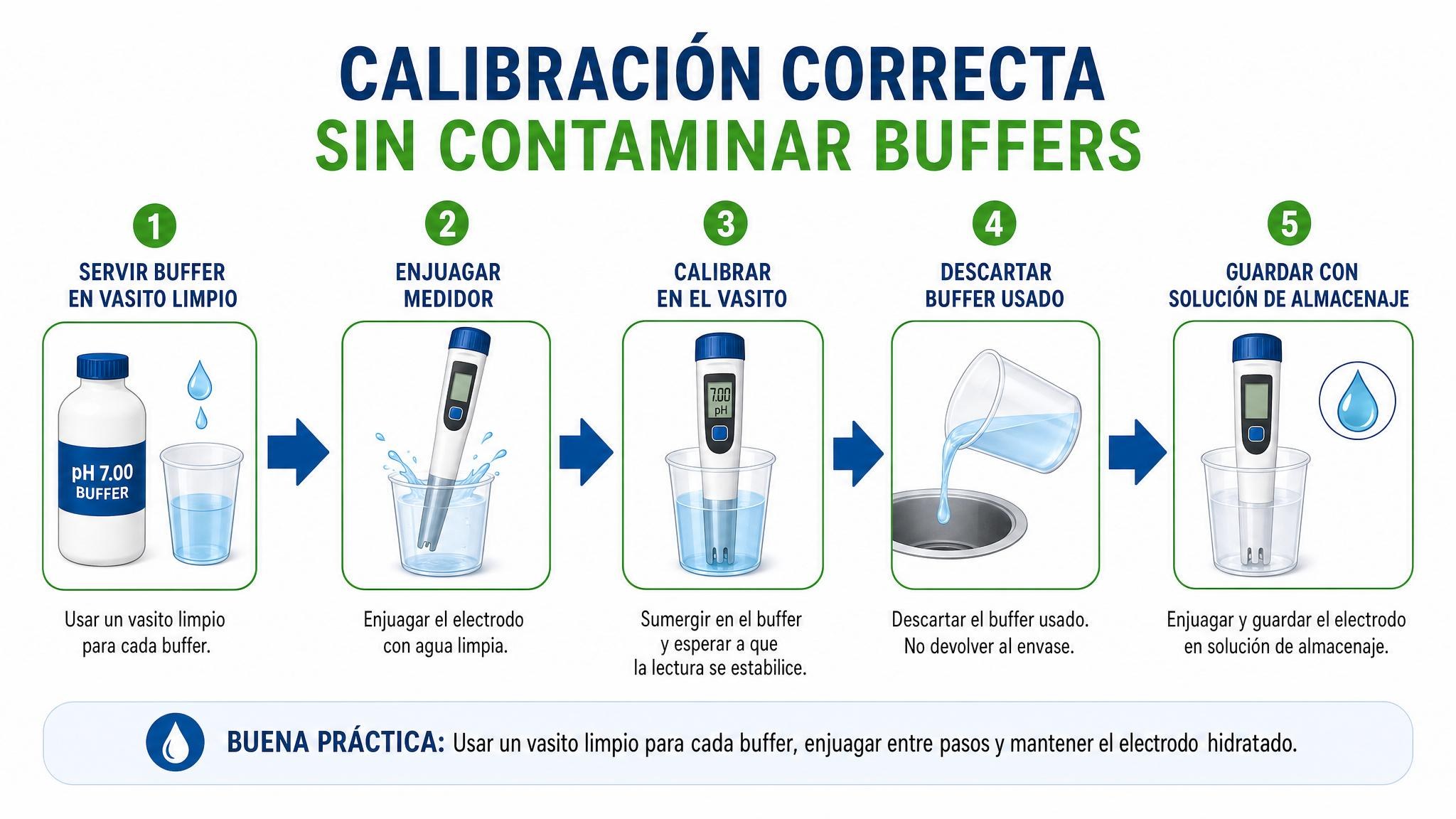 Flujo de calibración de pH usando vasitos limpios y descartando el buffer usado.