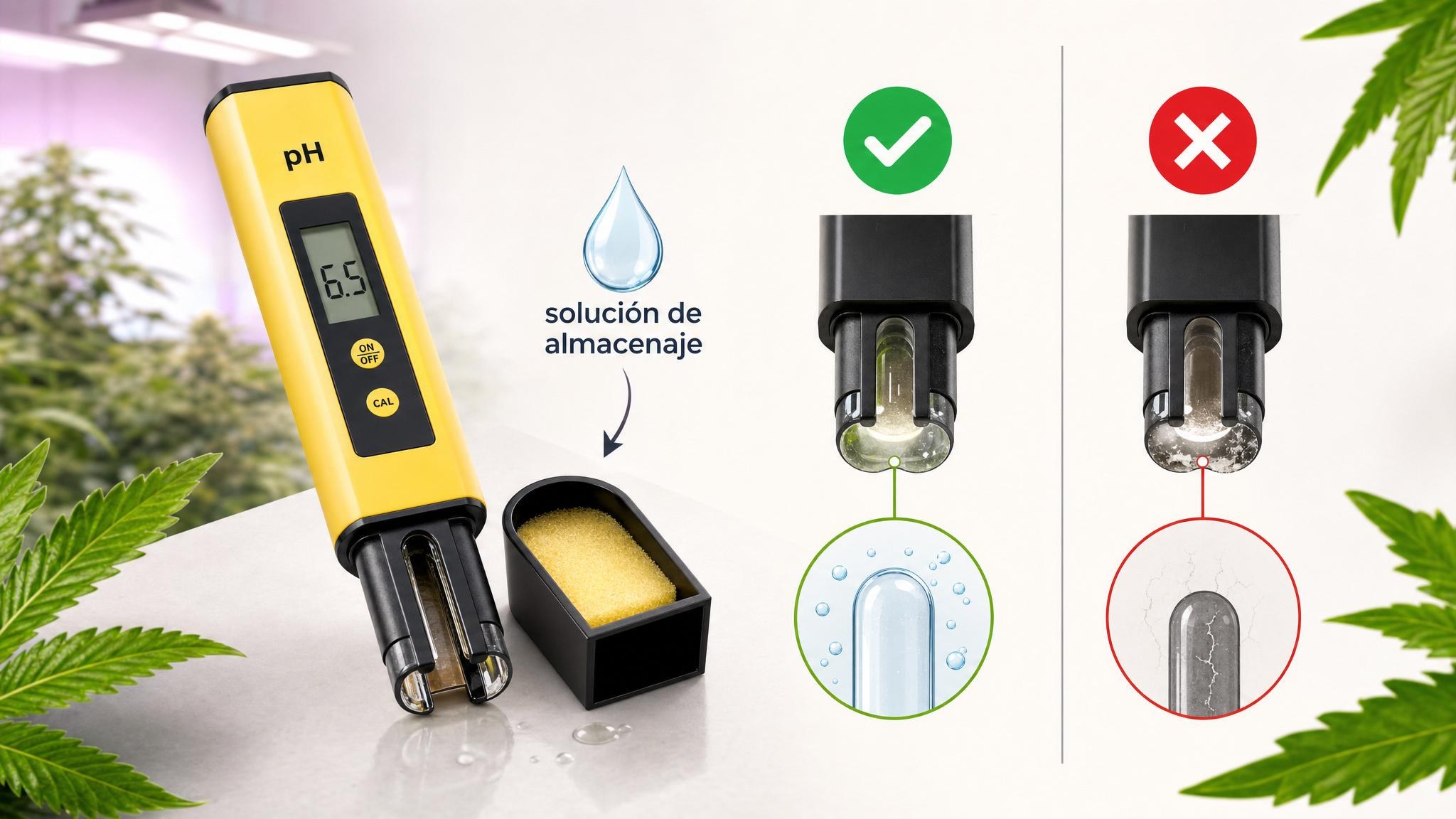 Diagrama de un medidor de pH guardado con la esponja de la tapa húmeda con solución de almacenaje.