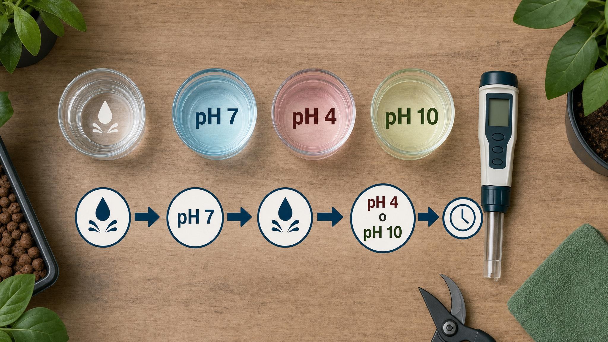 Diagrama de calibración de un medidor de pH con vasos de buffer, enjuague y espera de estabilidad.