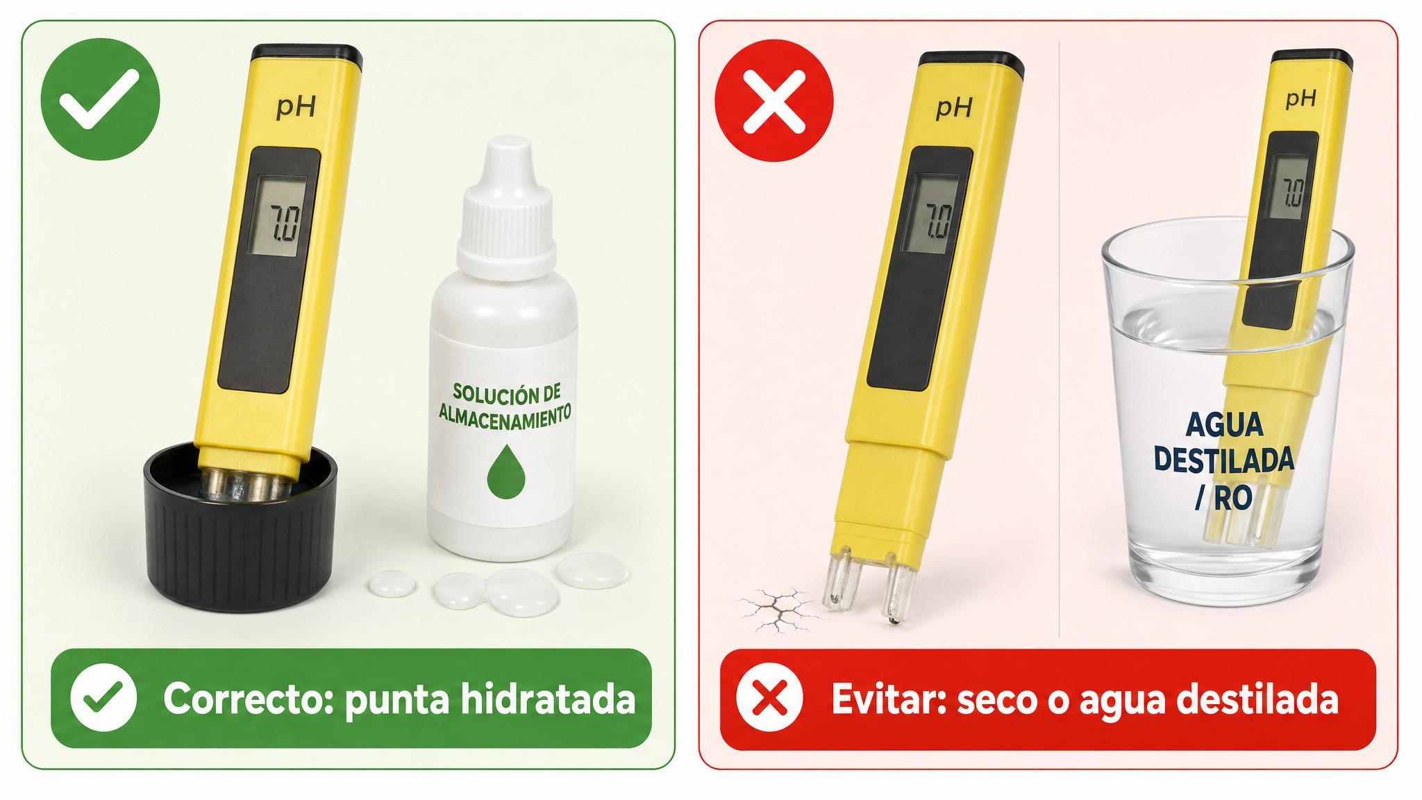 Comparación entre guardar el electrodo hidratado con solución de almacenamiento y guardarlo seco o en agua destilada.