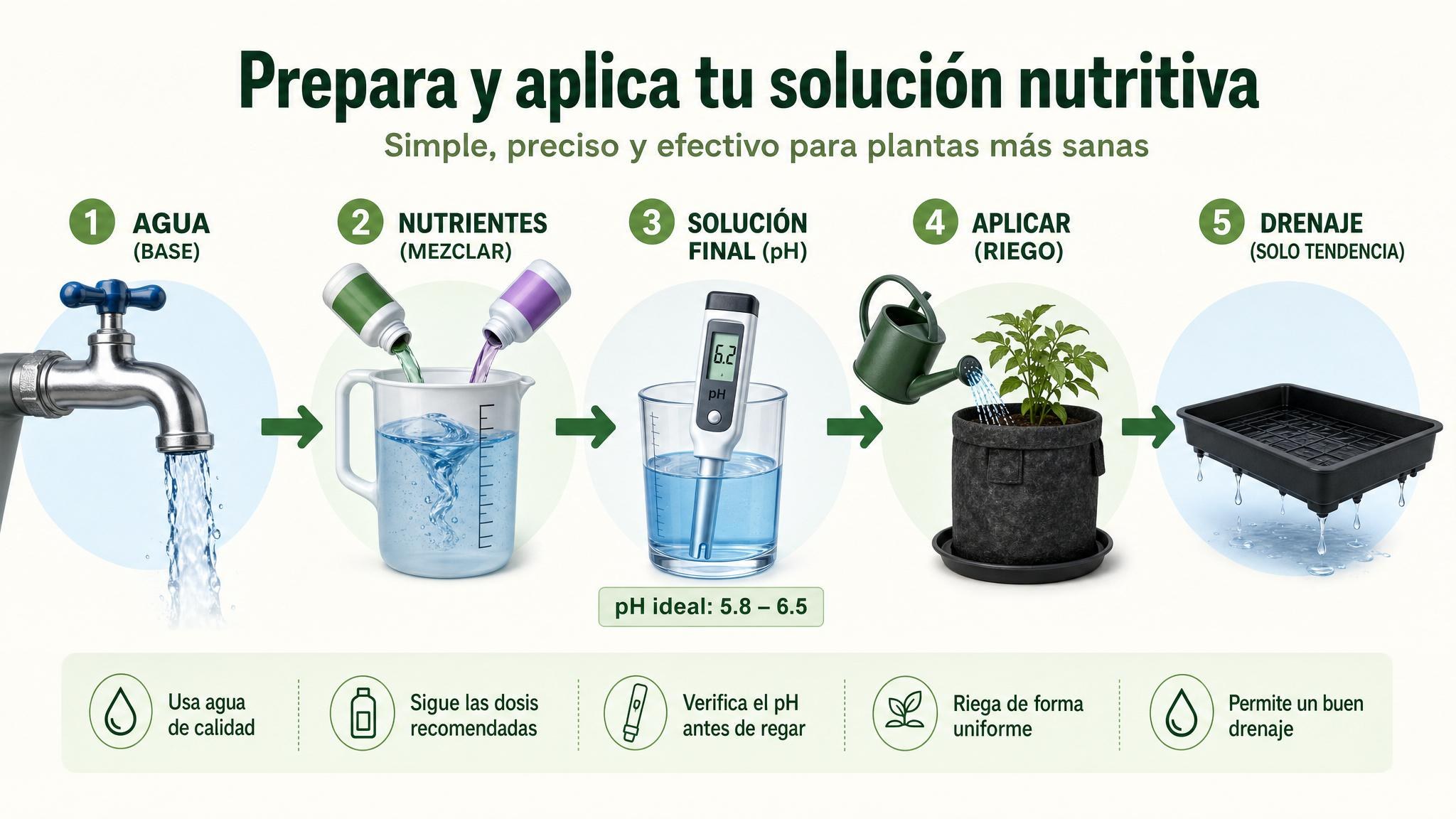 Flujo recomendado para medir pH: agua base, solución final de riego y drenaje como tendencia.