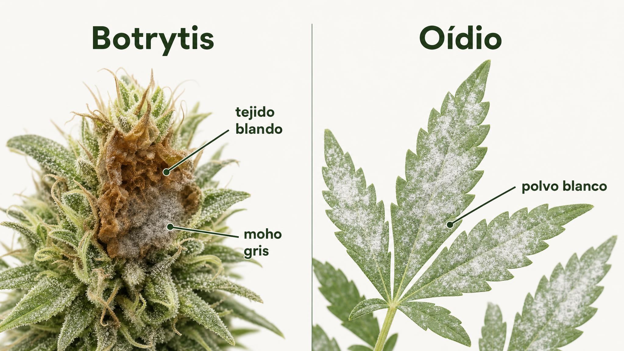 Comparación visual entre Botrytis, con pudrición y moho gris, y oídio, con polvo blanco superficial.