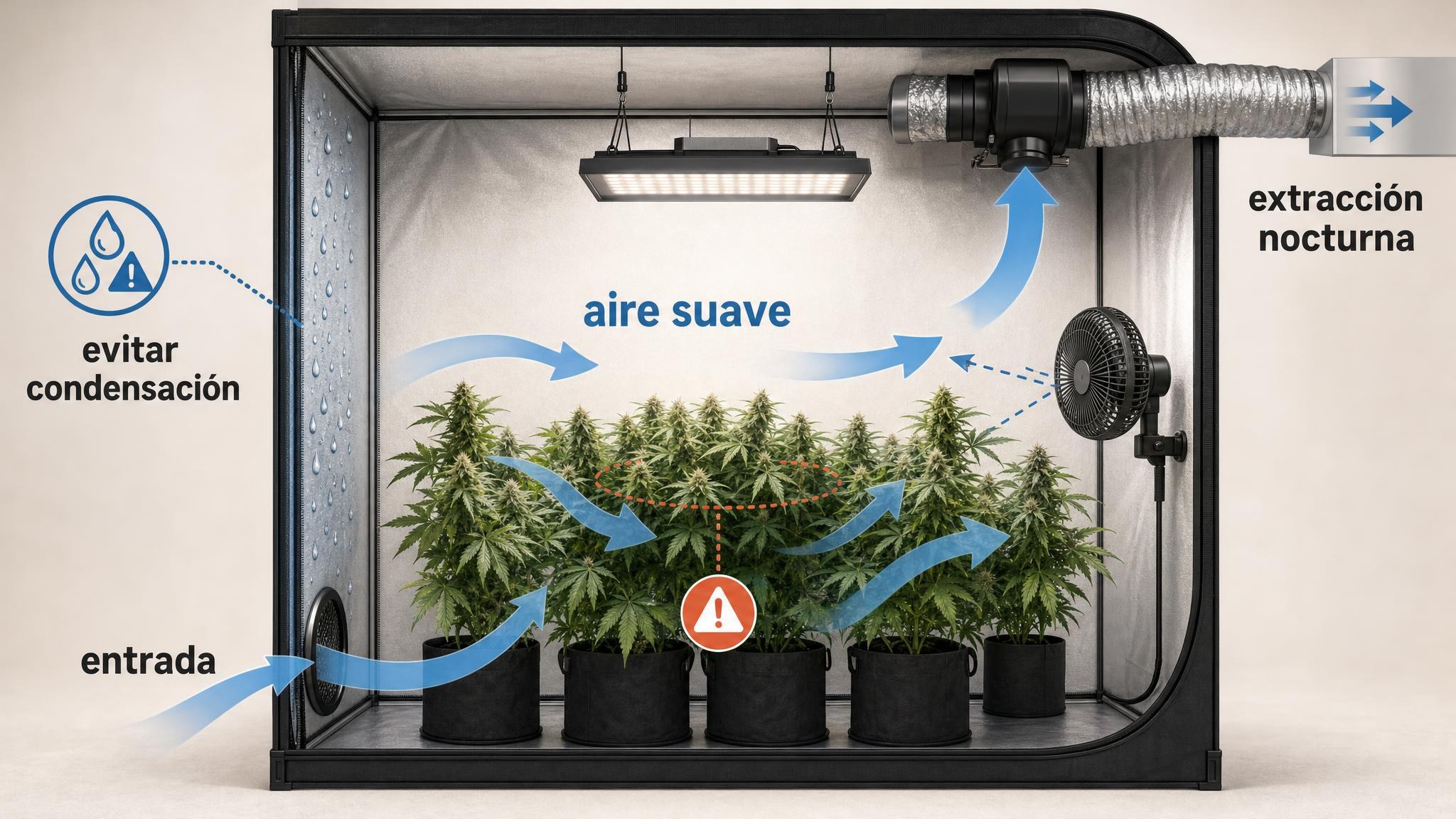Diagrama de ventilación indoor con entrada baja, circulación suave, extracción superior y zonas de condensación a evitar.