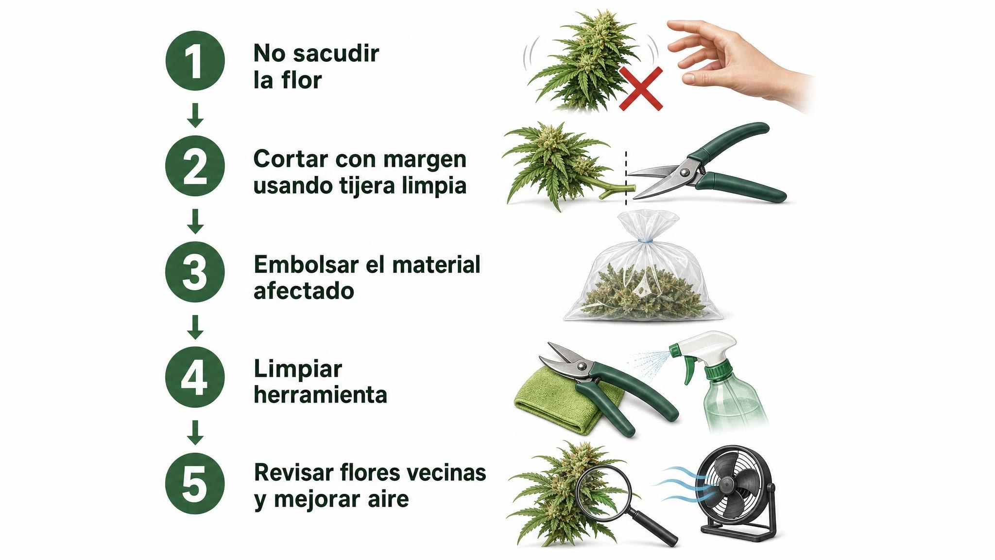 Flujo de acción para retirar una flor con moho gris sin dispersar esporas y corregir el ambiente.