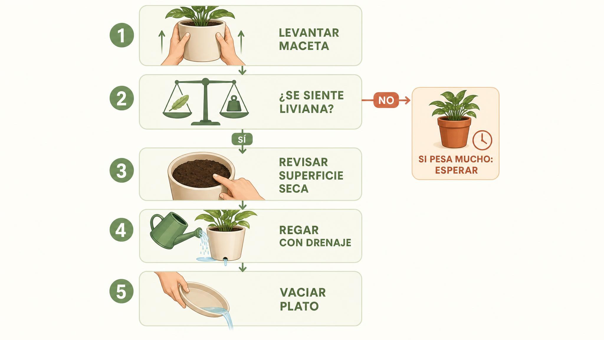 Diagrama de decisión para regar macetas según peso, superficie seca y drenaje del plato.