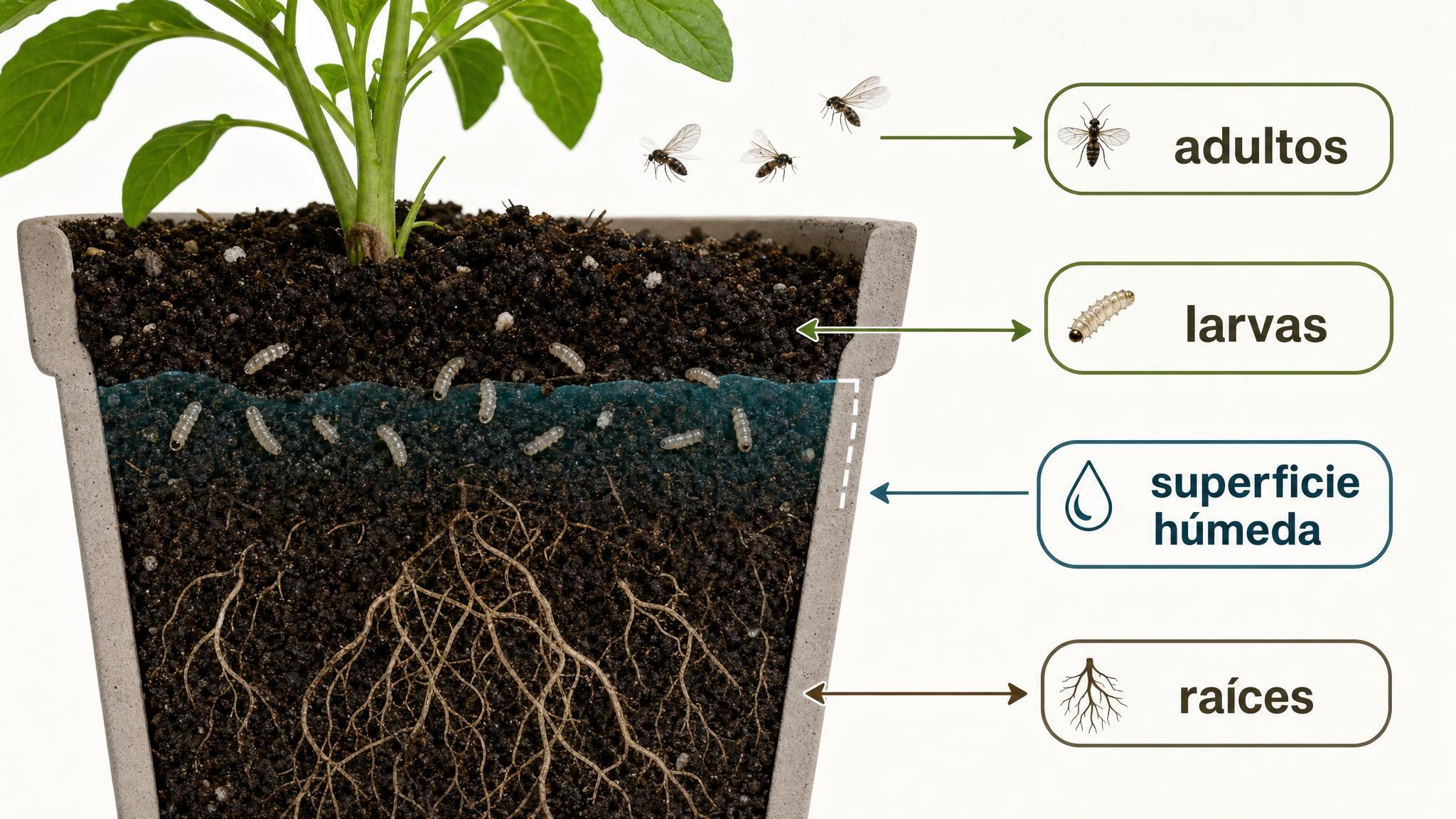 Diagrama de una maceta mostrando mosquitas adultas cerca del sustrato y larvas en la capa superior húmeda.
