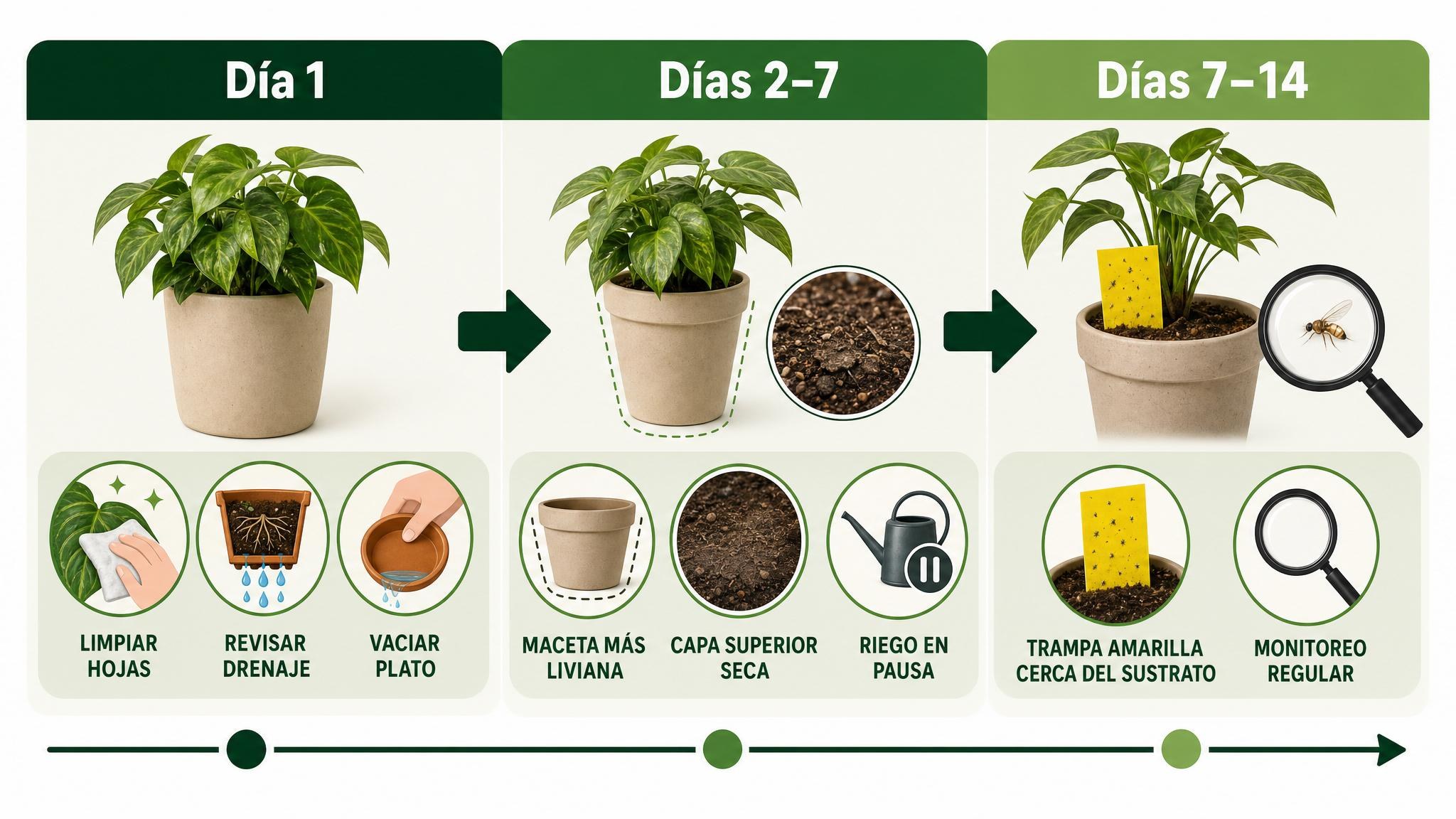 Línea de tiempo de 14 días para controlar mosquitas del sustrato: limpieza, secado superficial y monitoreo.