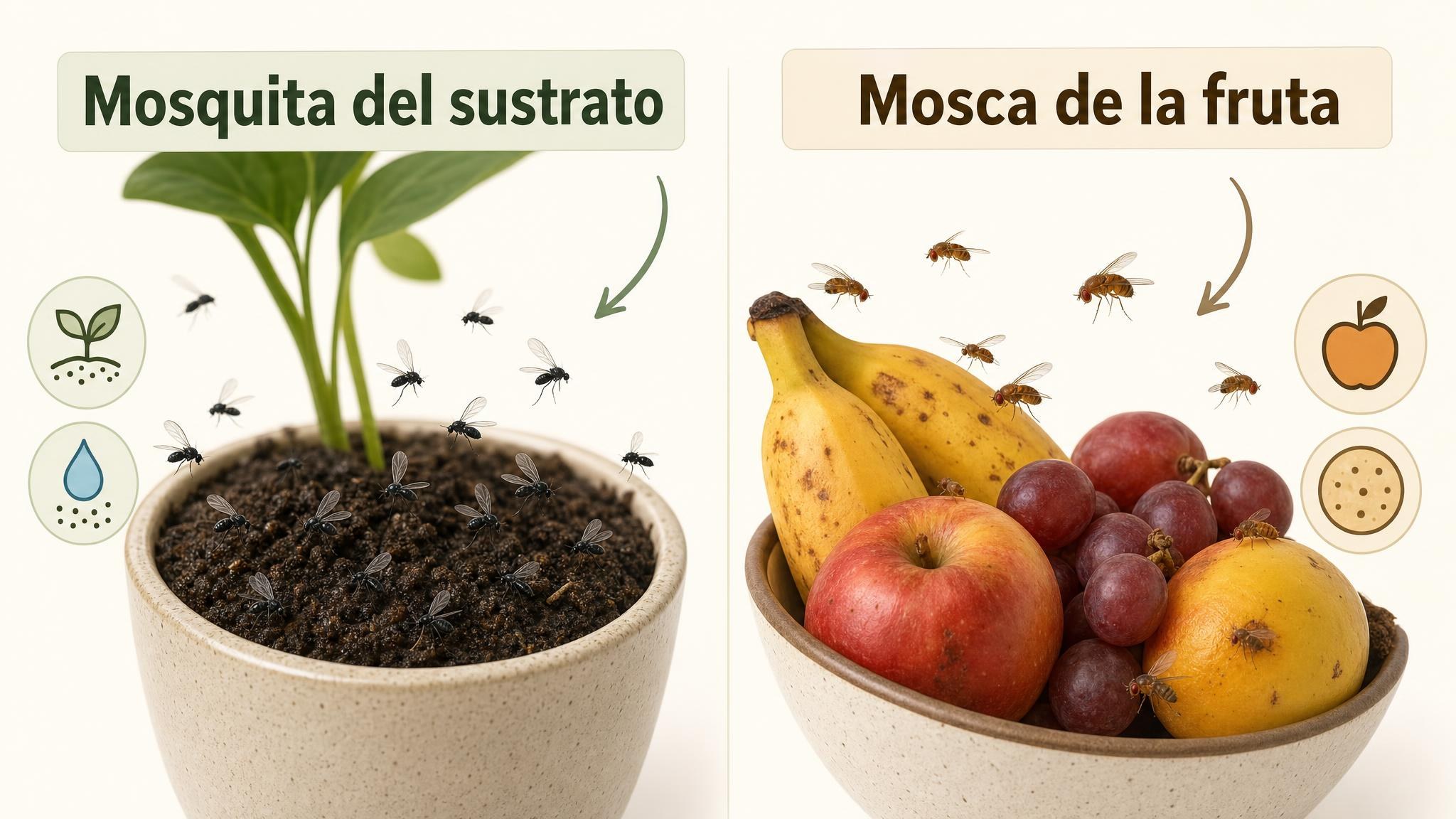 Comparación visual entre mosquitas del sustrato cerca de una maceta y moscas de la fruta cerca de fruta madura.