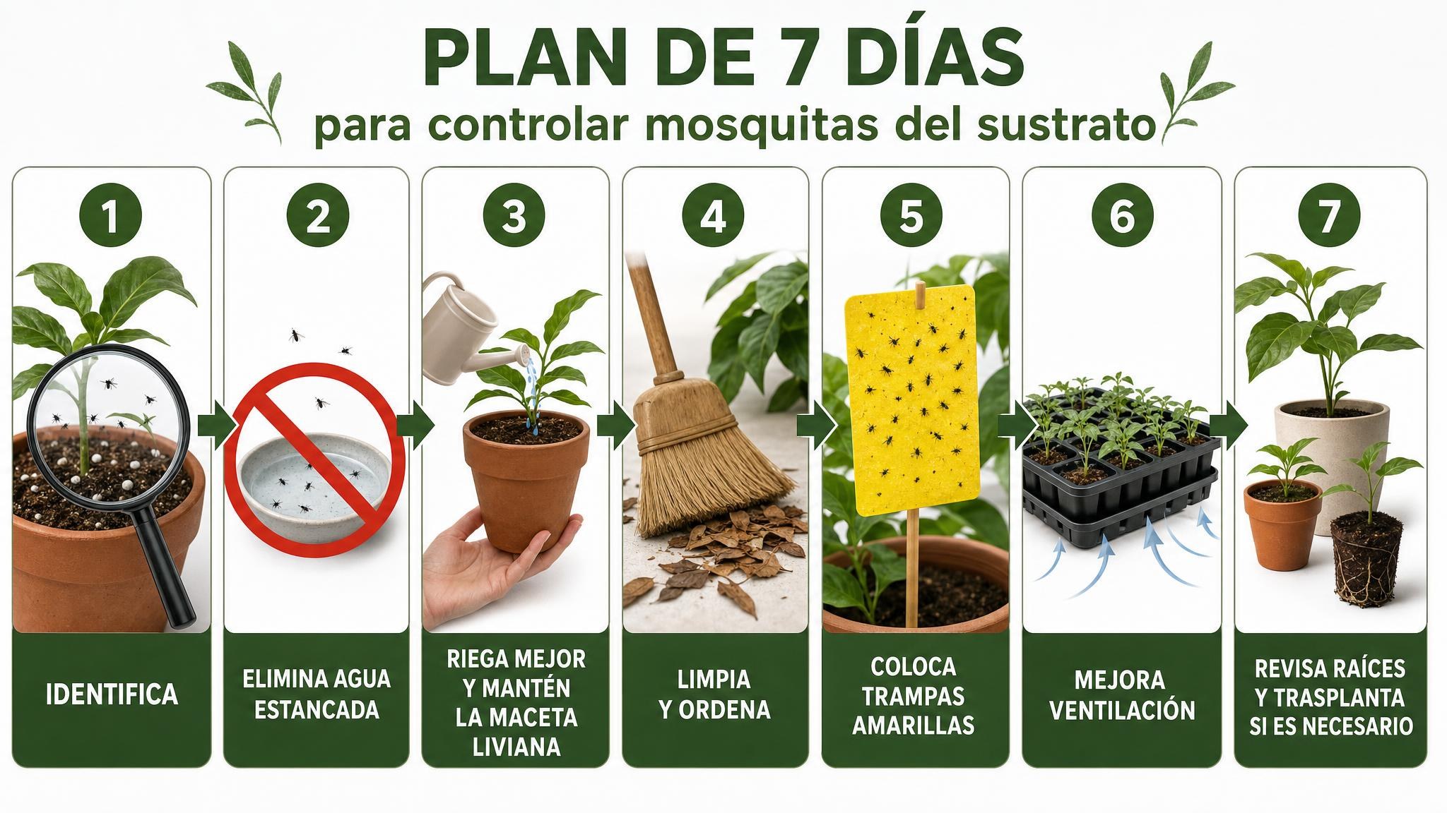 Flujo de siete días para bajar la población de mosquitas del sustrato mediante revisión, secado, limpieza, trampas y ajuste de maceta.