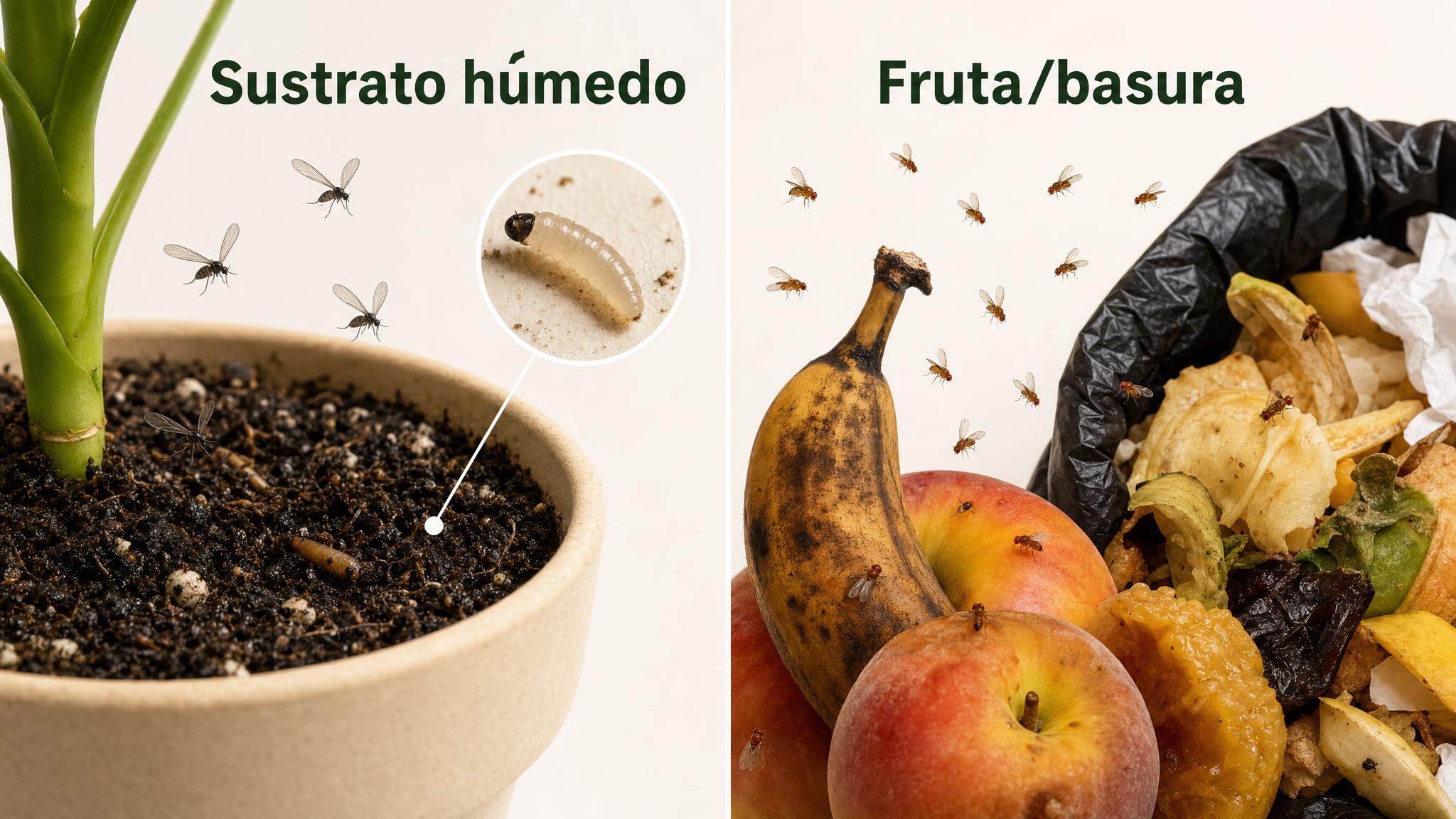 Comparación visual entre mosquitas del sustrato que salen de una maceta húmeda y mosquitas asociadas a fruta o basura.