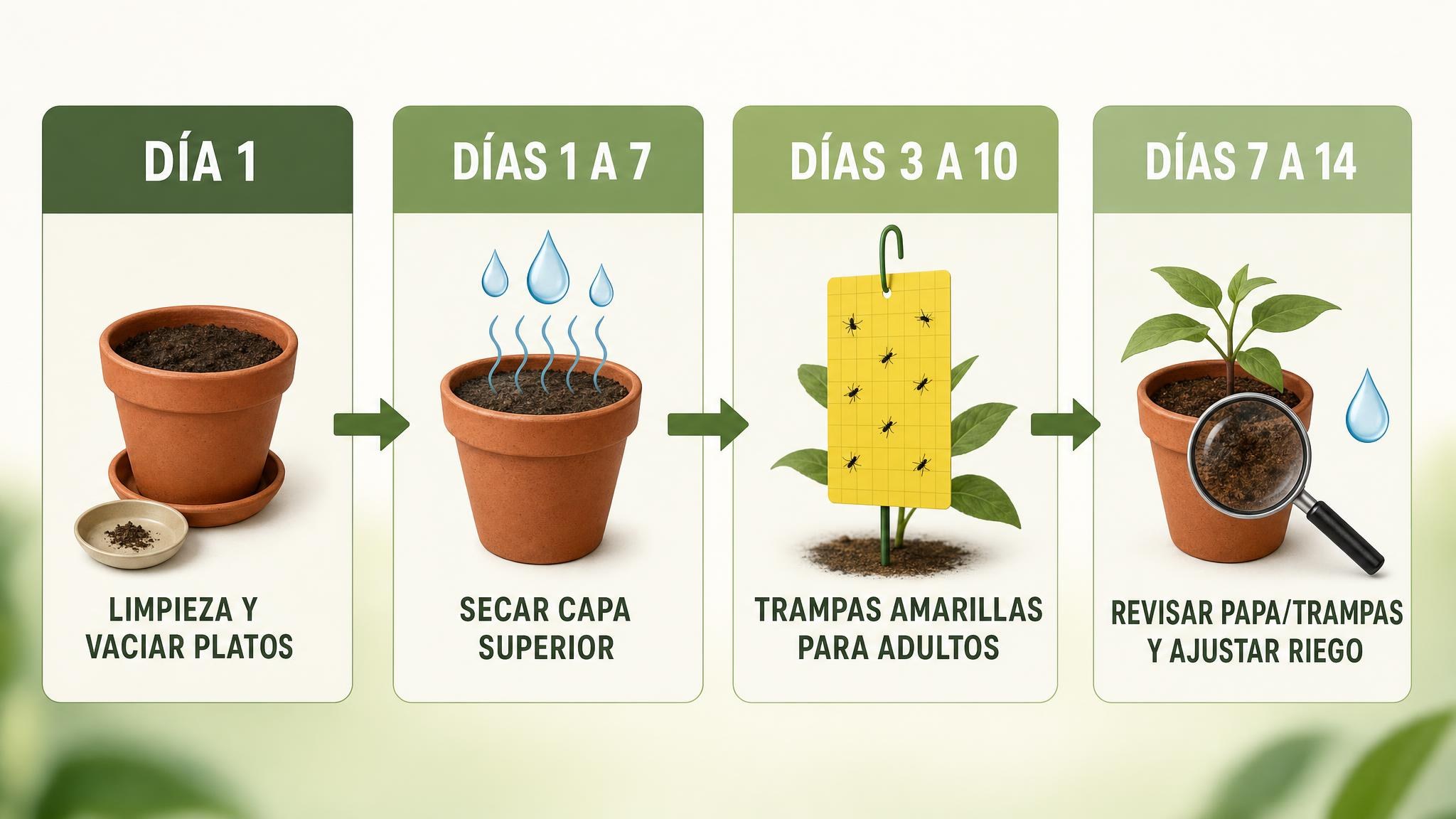Línea de tiempo de 14 días para controlar mosquitas del sustrato con limpieza, ajuste de riego, trampas y monitoreo.