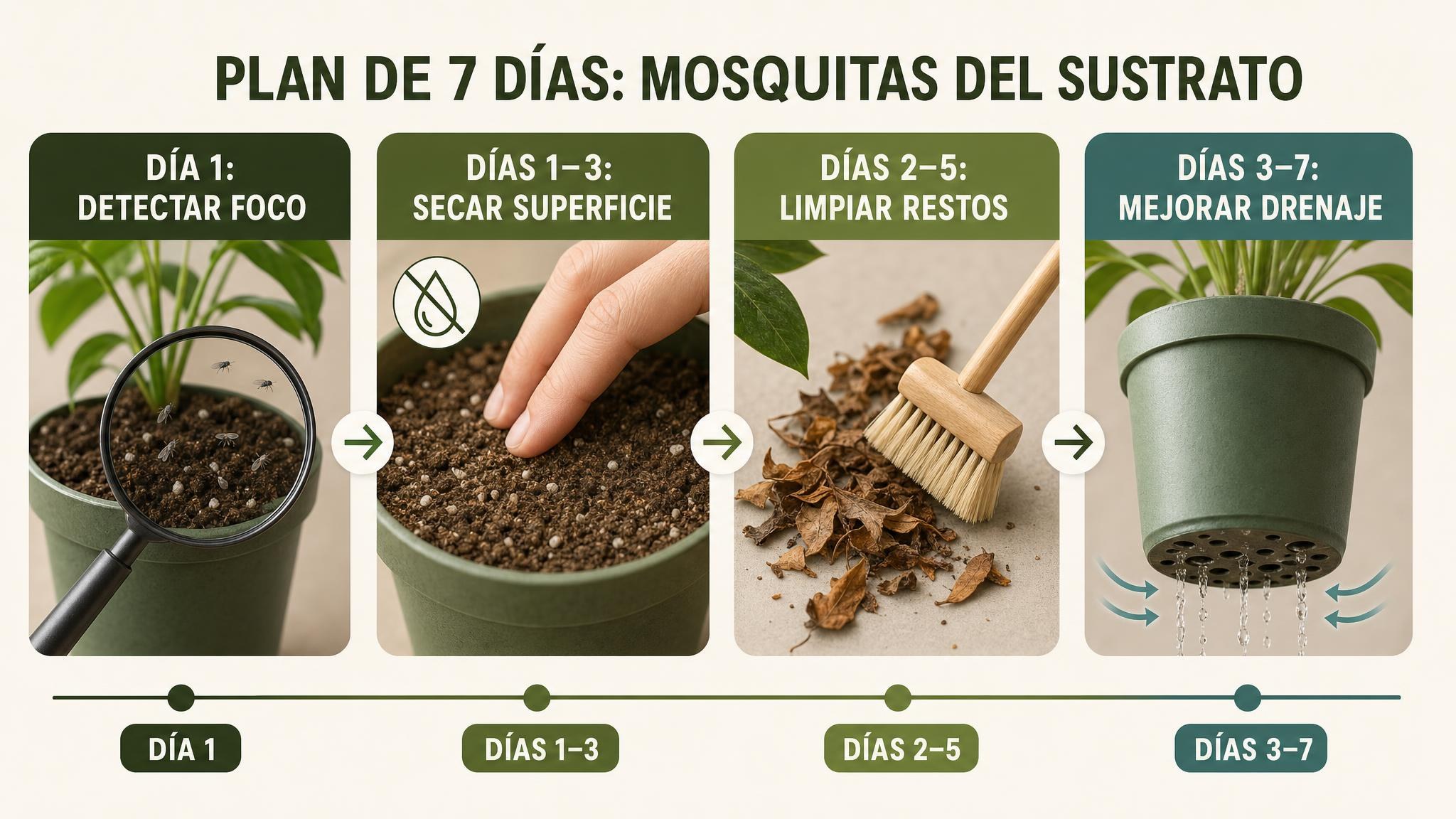 Línea de tiempo de siete días para detectar macetas foco, secar la superficie, limpiar restos y mejorar drenaje.