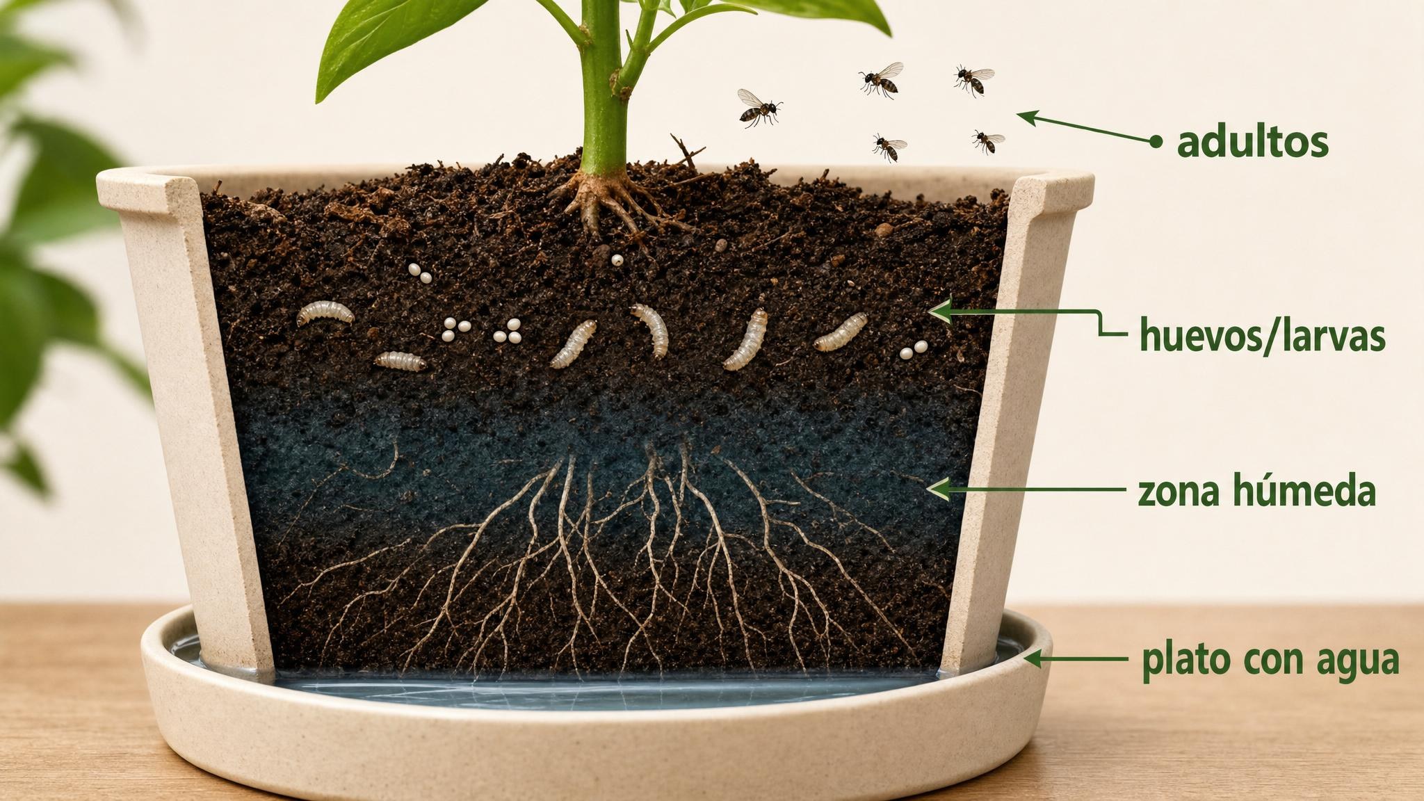 Diagrama de una maceta mostrando mosquitas adultas, larvas en la capa húmeda del sustrato y agua acumulada en el plato.