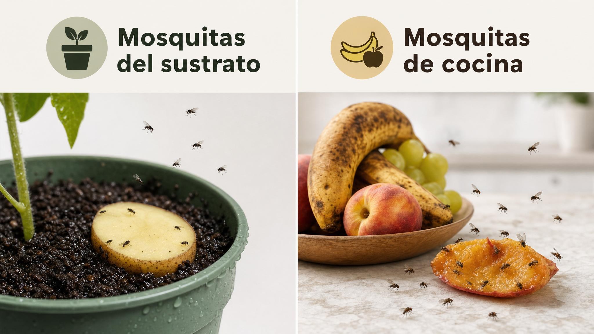 Comparación visual entre mosquitas del sustrato cerca de una maceta y mosquitas de cocina alrededor de fruta madura.