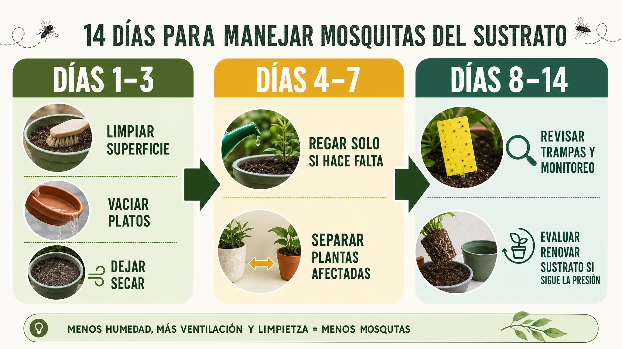 Línea de tiempo de 14 días para controlar mosquitas del sustrato con limpieza, secado, riego controlado y monitoreo.