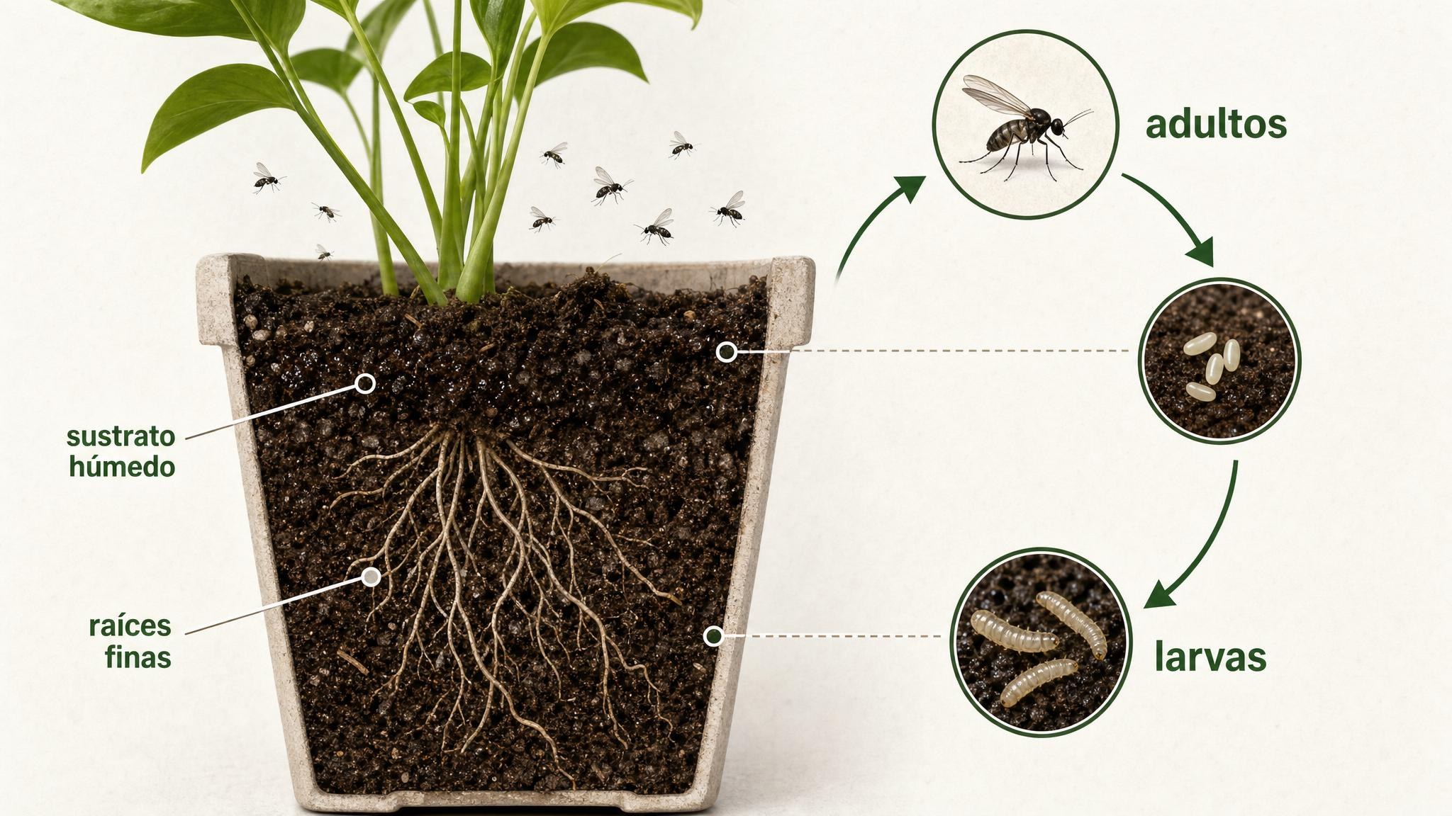 Diagrama del ciclo de las mosquitas del sustrato en una maceta húmeda.