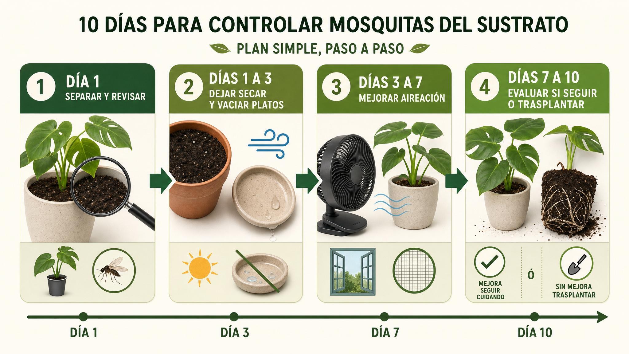 Línea de tiempo de diez días para bajar la población de mosquitas del sustrato.