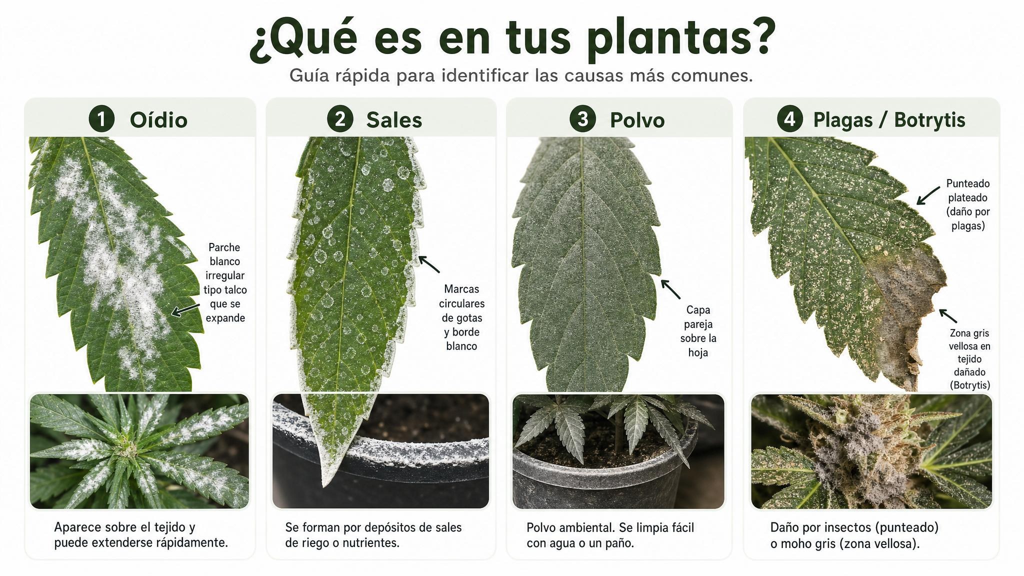 Comparación visual entre oídio, sales secas, polvo ambiental y daños que pueden confundirse en hojas.