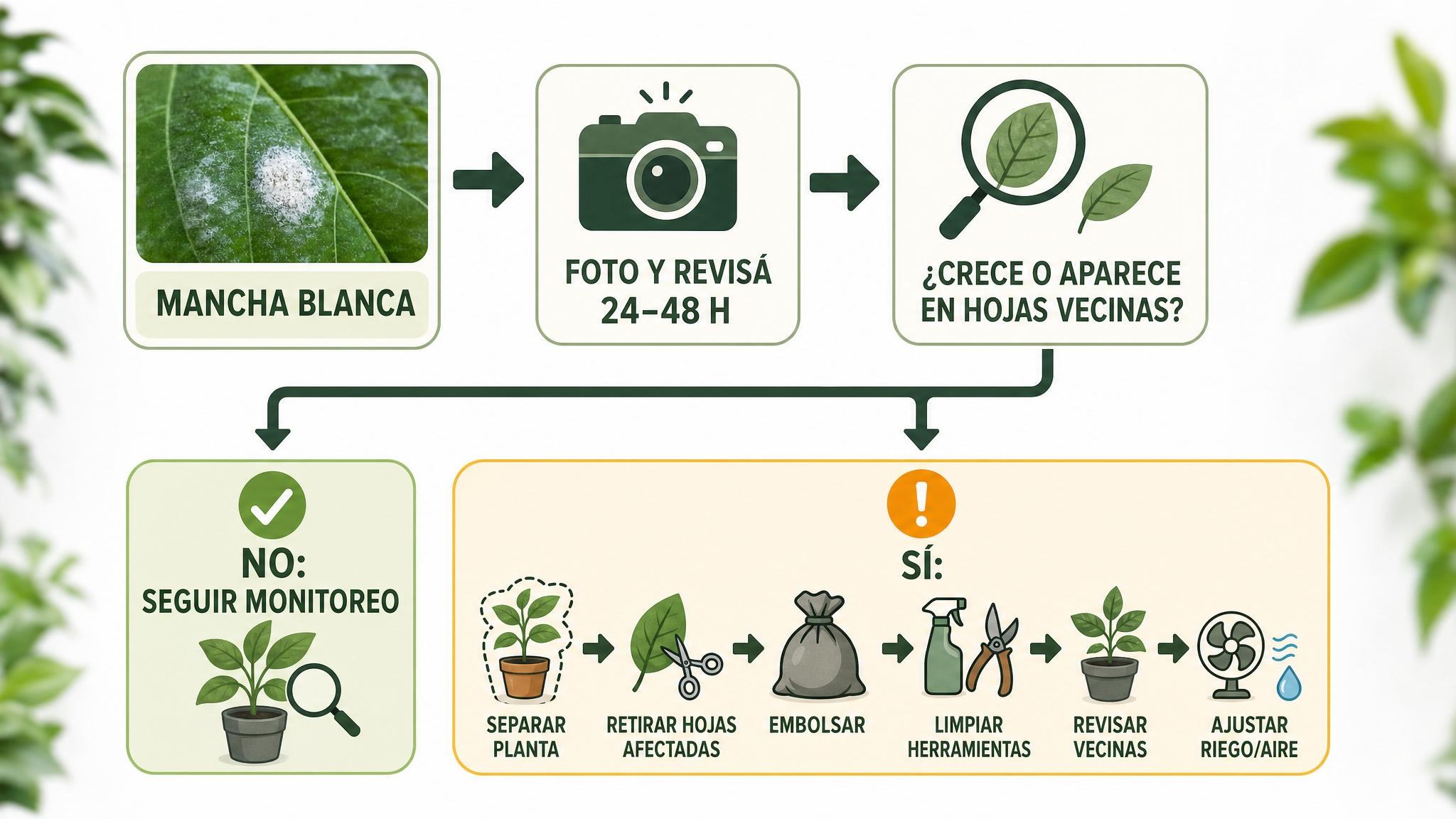 Diagrama de pasos para actuar cuando aparece una mancha blanca sospechosa de oídio.