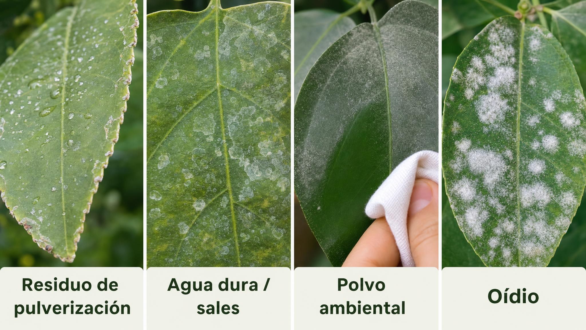 Comparación visual entre residuos blancos comunes en hojas y parches de oídio real.