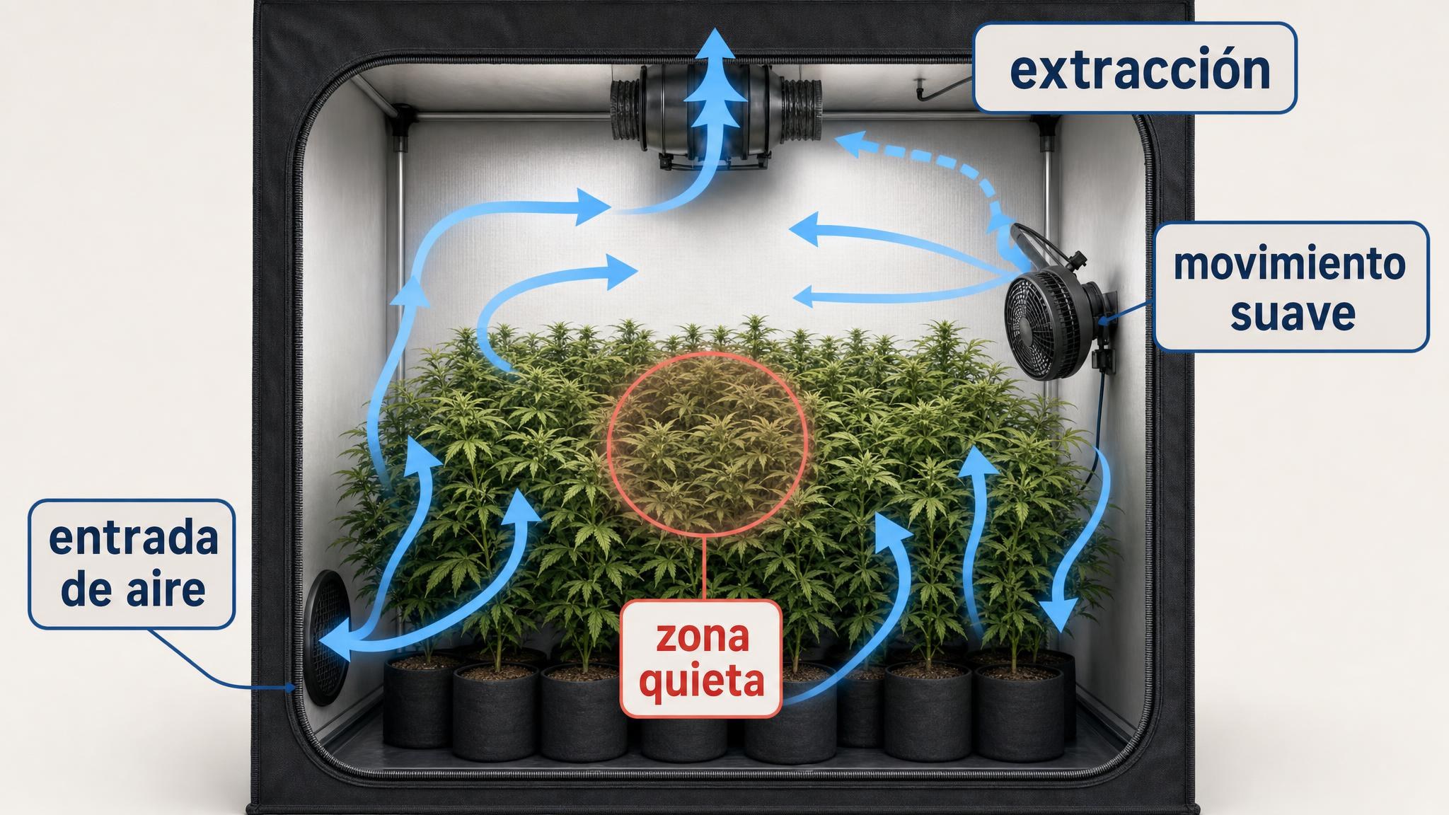 Esquema de circulación de aire en indoor para reducir zonas quietas donde puede avanzar el oídio.