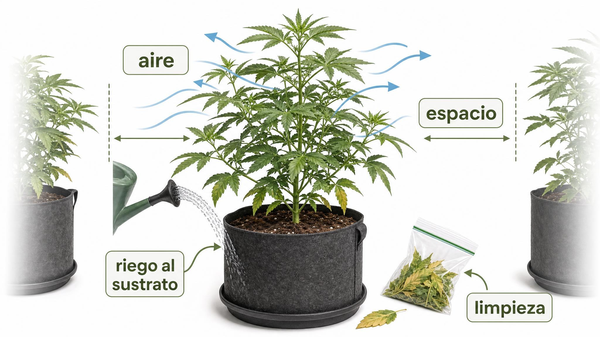 Diagrama de prevención de oídio en macetas con espacio, aireación, riego al sustrato y limpieza.