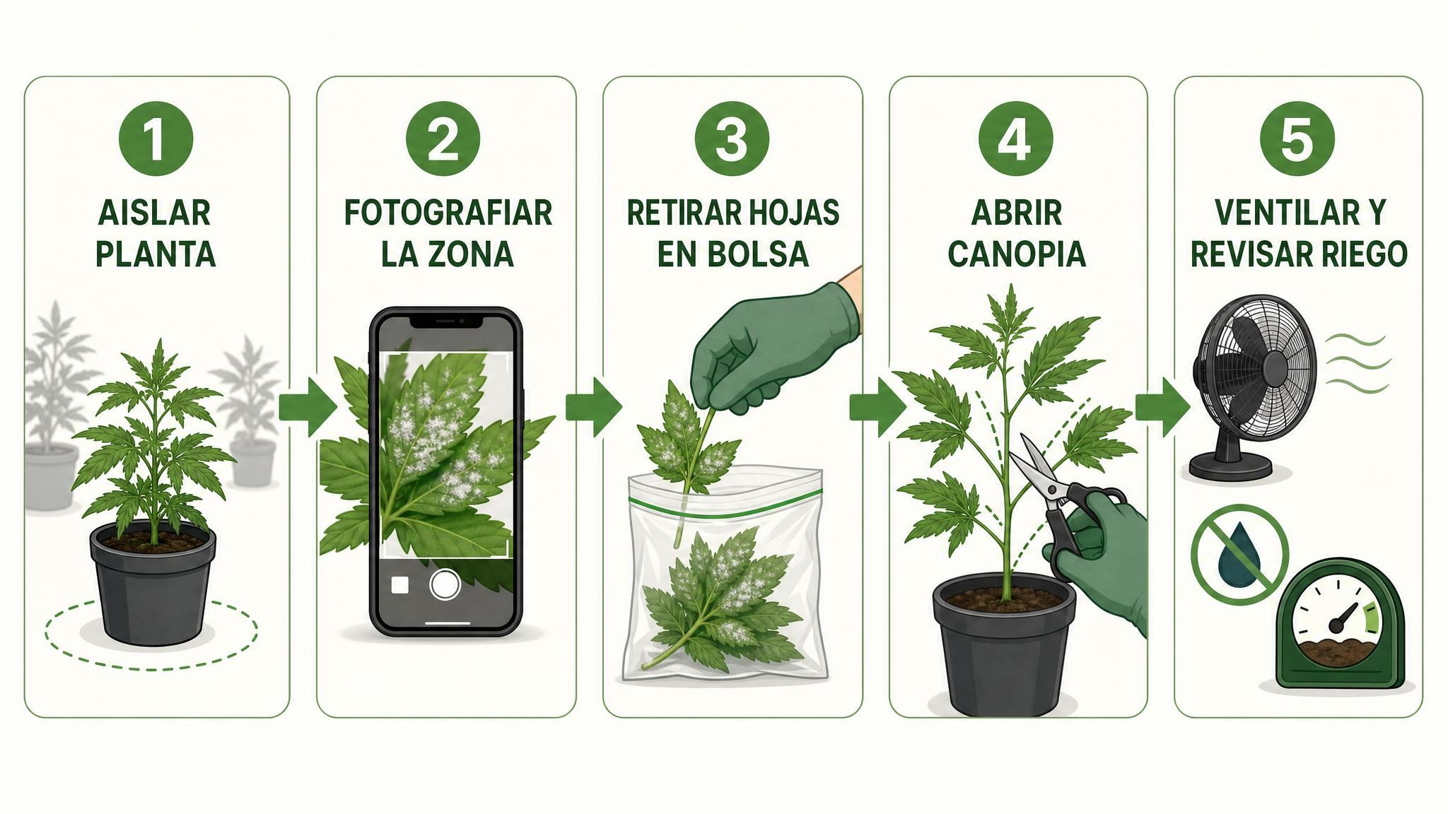 Flujograma de acciones rápidas ante manchas blancas sospechosas de oídio.
