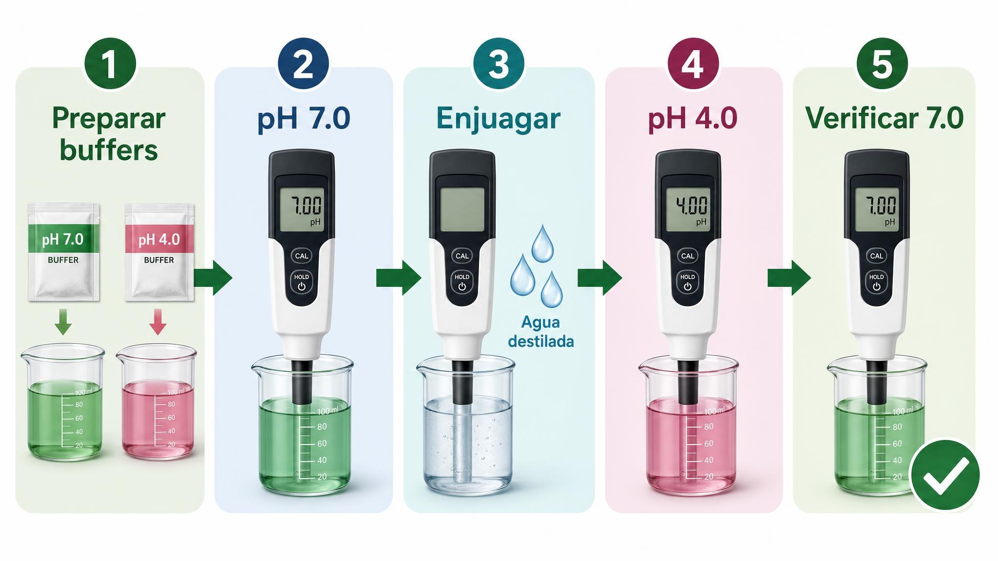 Flujo básico para calibrar un medidor de pH con soluciones buffer 7.0 y 4.0.