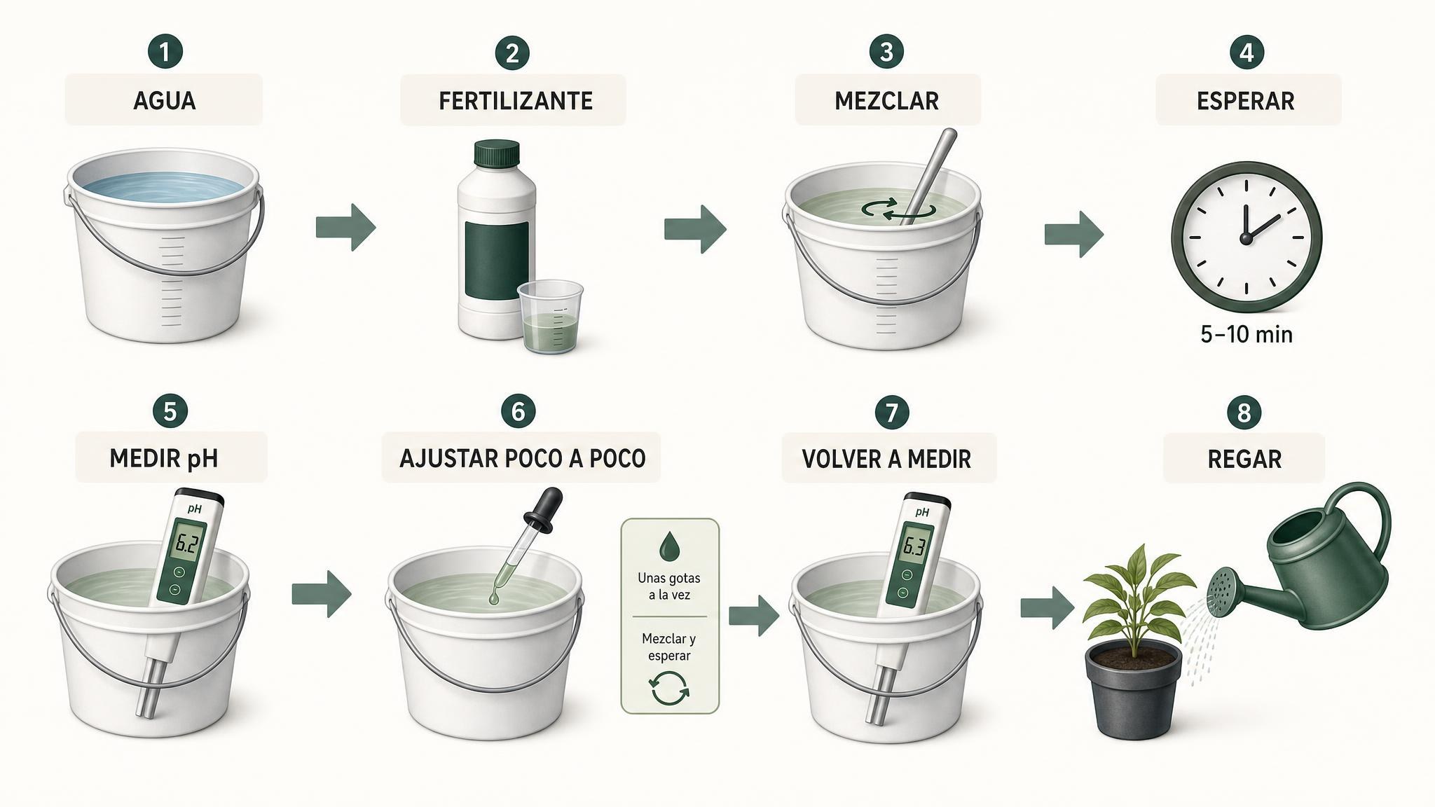 Secuencia recomendada para preparar, medir y ajustar el pH del agua de riego.