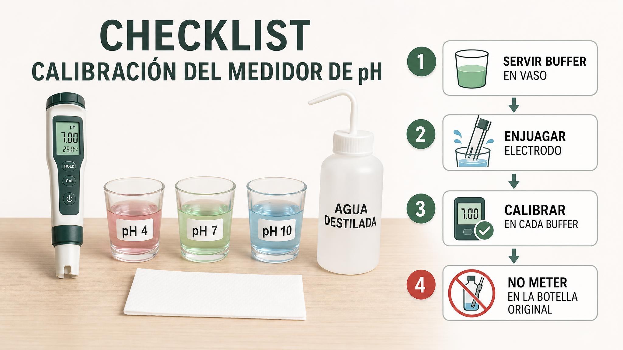 Checklist visual para calibrar un medidor de pH sin contaminar las soluciones buffer.