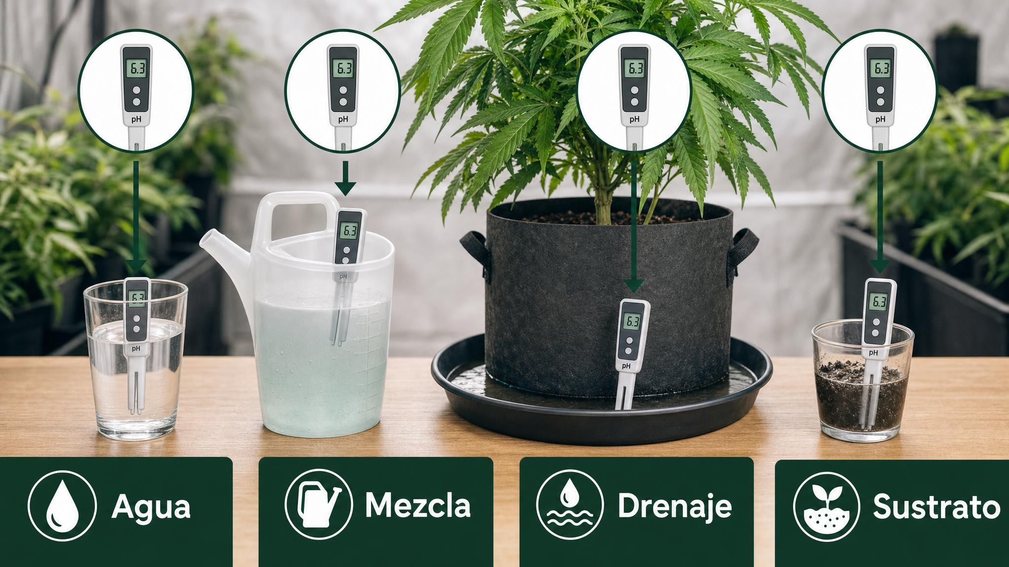 Cuatro lugares donde se puede medir el pH: agua, mezcla de riego, drenaje y extracto de sustrato.