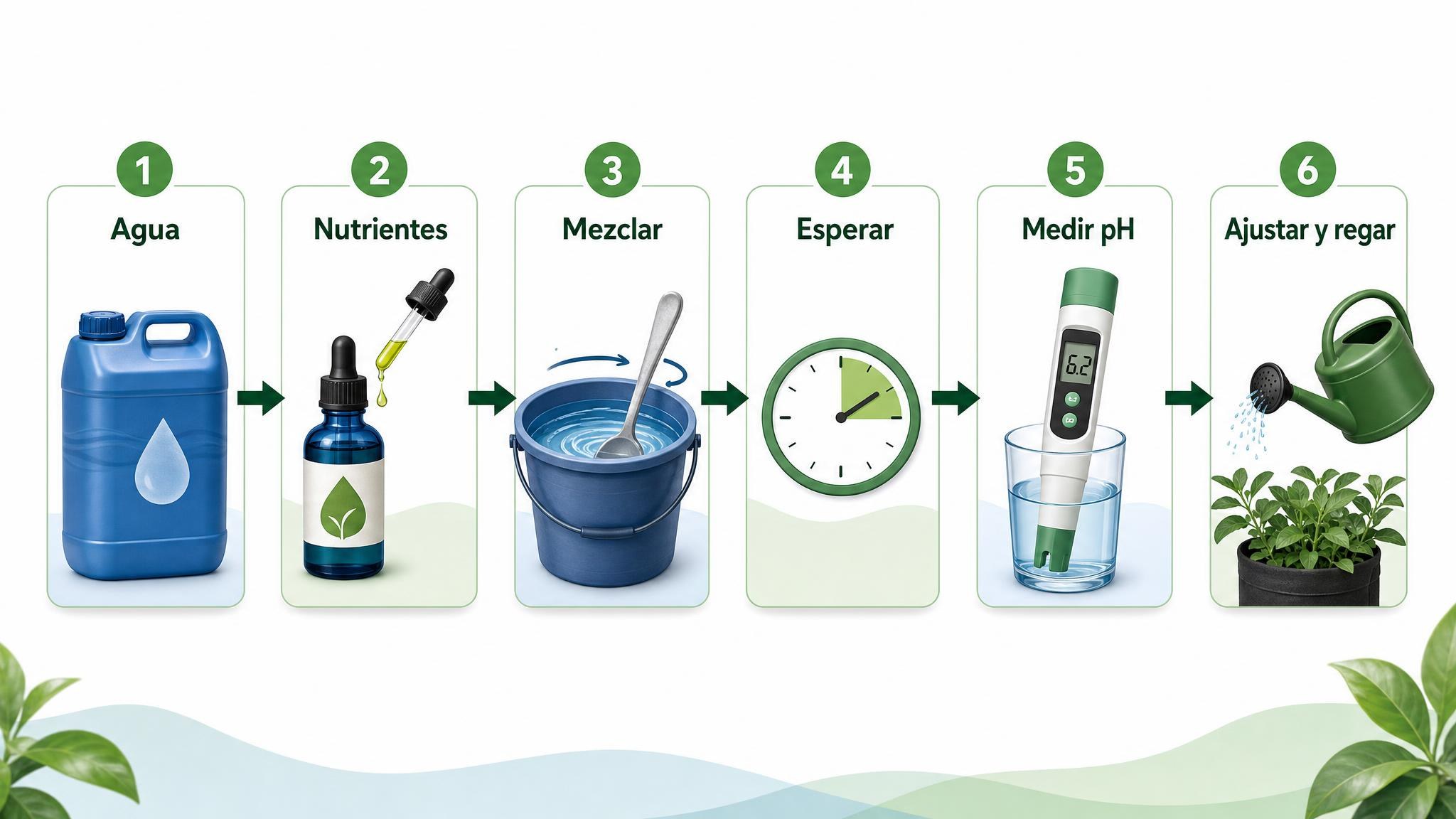 Diagrama de la rutina para preparar riego fertilizado: agua, nutrientes, mezcla, espera, medición de pH, ajuste y riego.