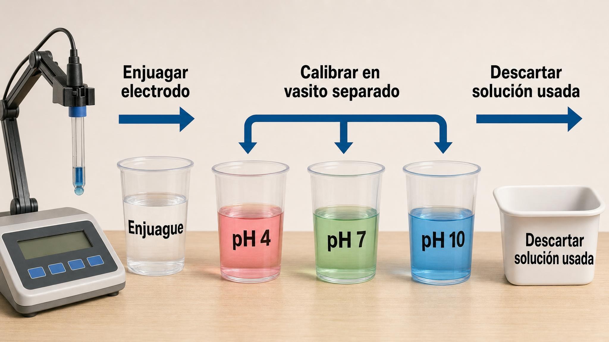Medidor de pH junto a soluciones buffer separadas para calibración segura.