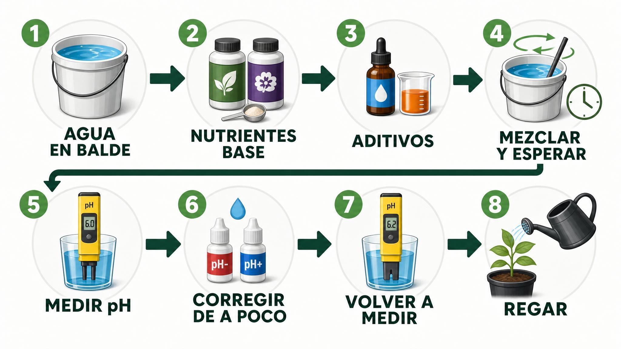 Flujo recomendado para preparar una solución de riego antes de medir y ajustar el pH.