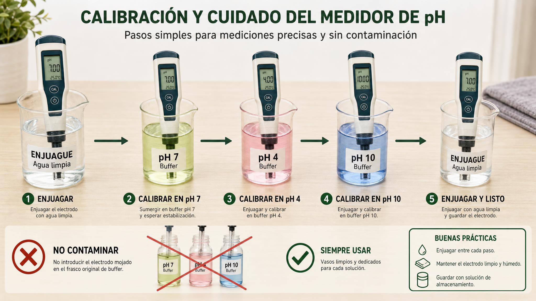 Diagrama de calibración de medidor de pH usando vasos separados, buffers y enjuague entre soluciones.