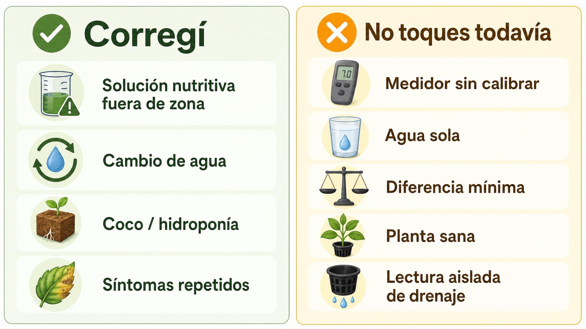 Comparación visual entre situaciones en las que conviene corregir el pH y situaciones en las que es mejor esperar.