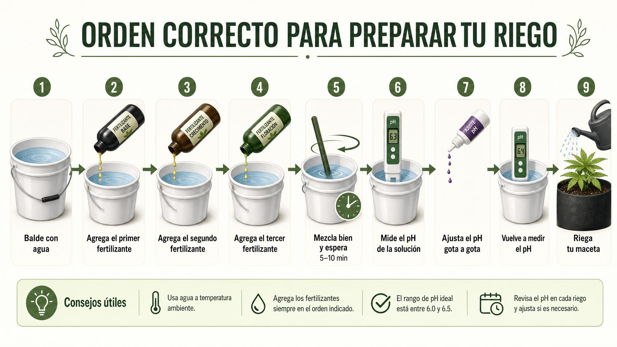 Flujo correcto para medir pH: preparar agua, agregar fertilizantes, mezclar, medir, ajustar, volver a medir y regar.