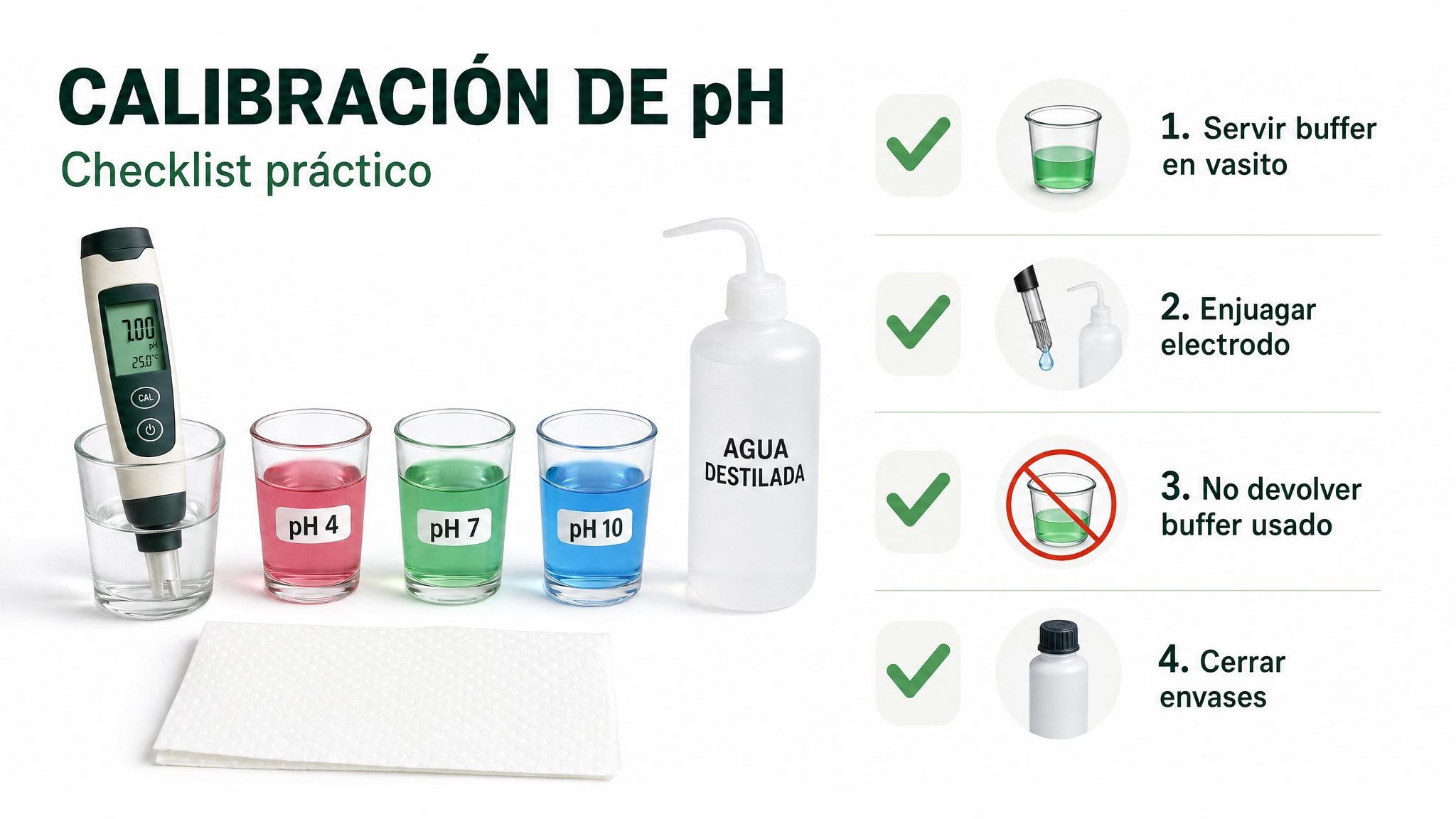 Checklist visual para calibrar un medidor de pH sin contaminar las soluciones buffer.