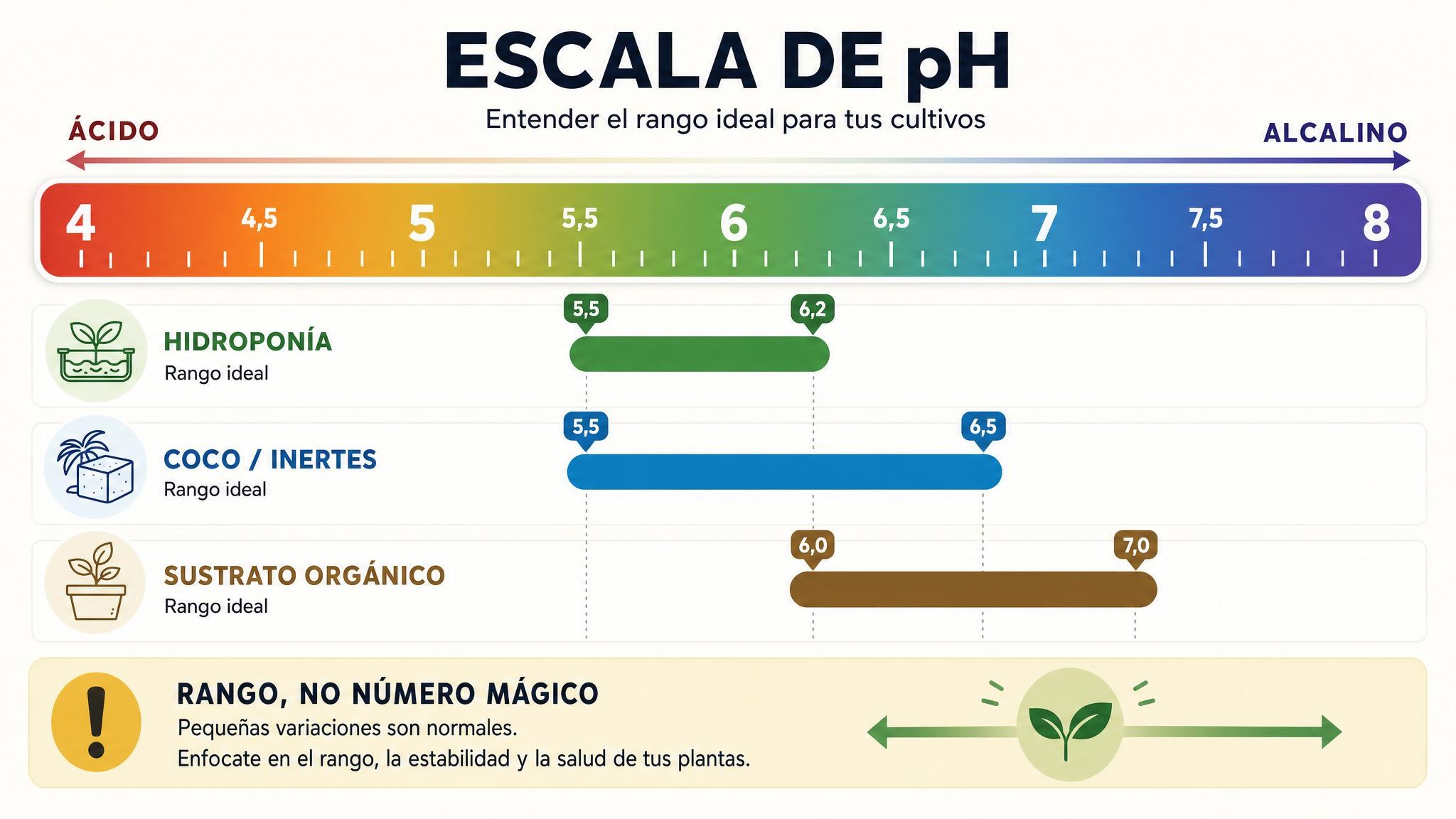 Escala de pH con rangos orientativos para hidroponía, coco e inertes, y sustratos orgánicos.
