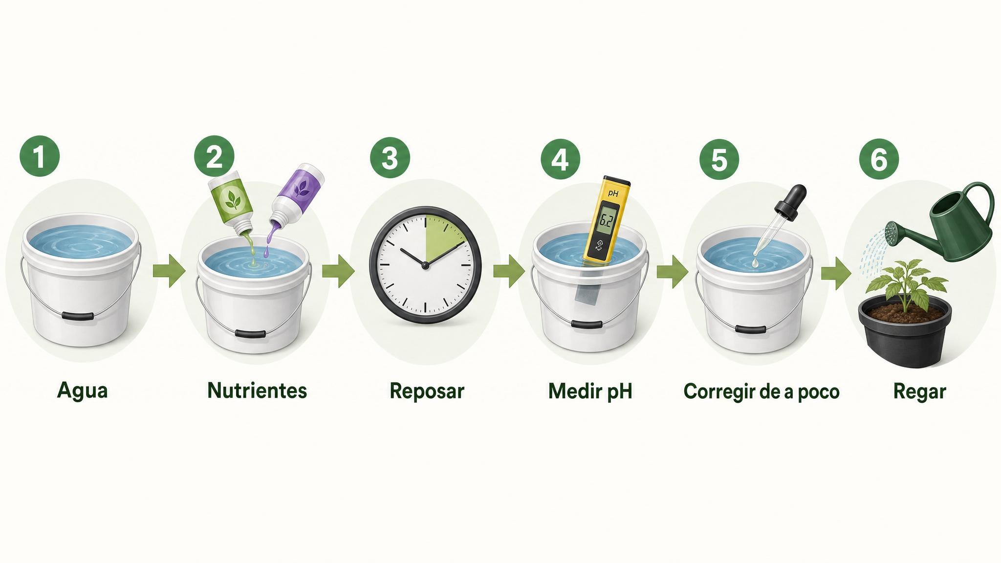 Flujo correcto para preparar el riego: agua, nutrientes, reposo, medición de pH, corrección gradual y riego.