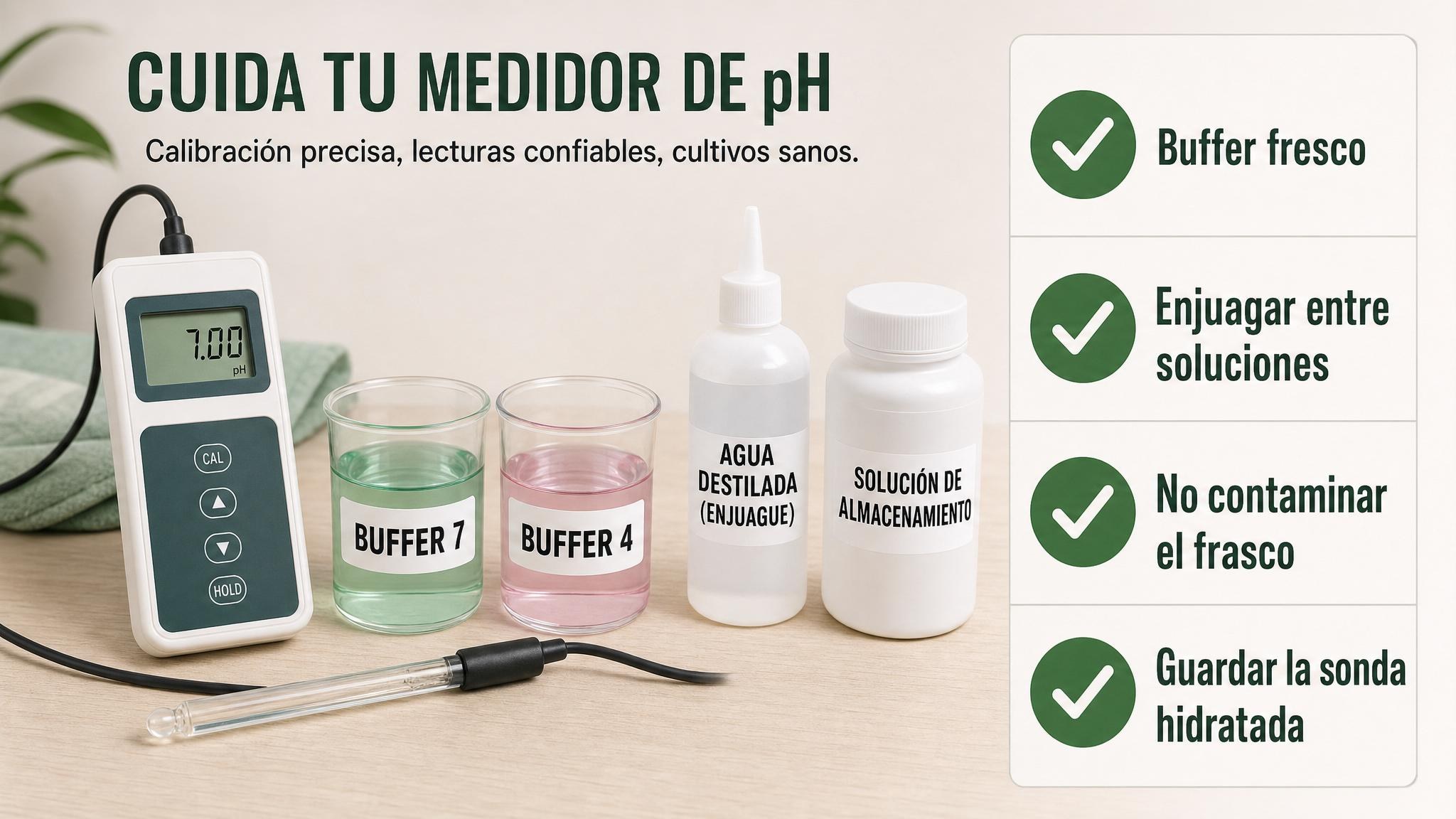 Checklist de calibración de medidor de pH con buffers 7 y 4, enjuague y almacenamiento correcto.