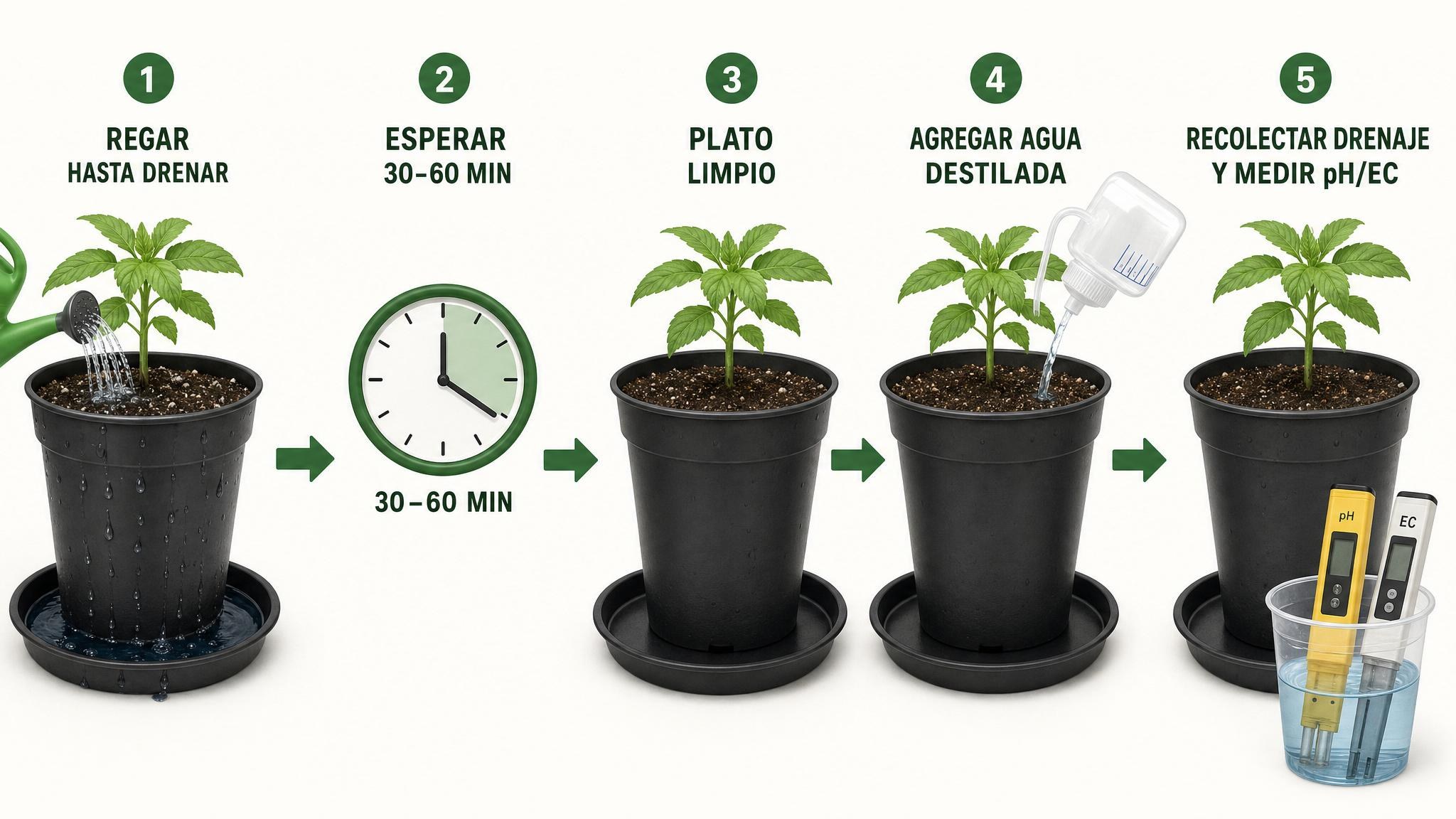 Método pour-through para medir el drenaje: regar, esperar, agregar agua destilada, recolectar muestra y medir pH o EC.