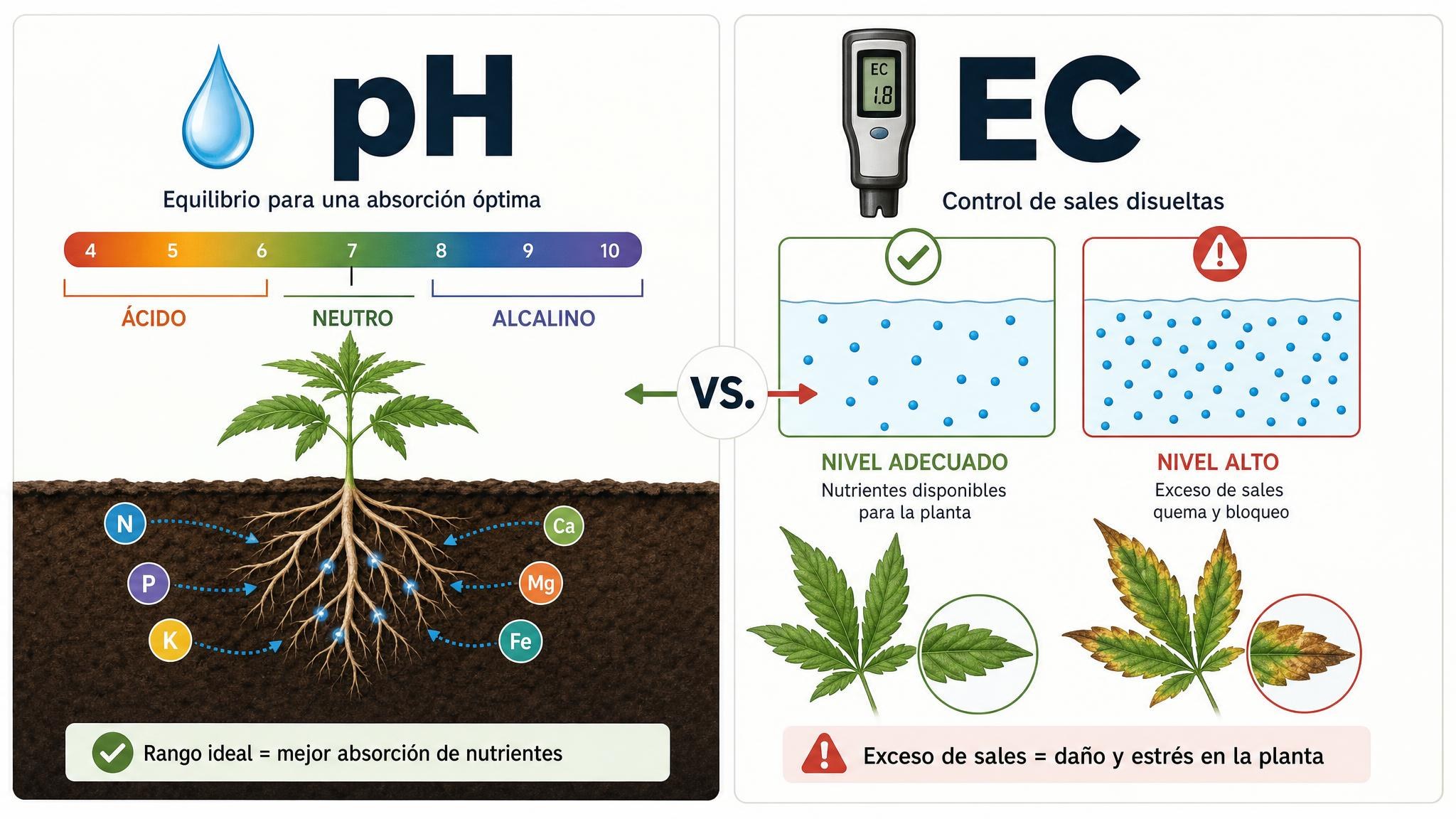 Comparación visual entre pH y EC del agua de riego: disponibilidad de nutrientes y cantidad de sales disueltas.