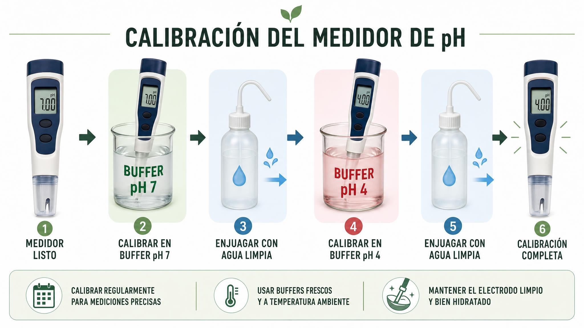 Diagrama de calibración de un medidor de pH con soluciones buffer pH 7 y pH 4 y enjuague entre pasos.