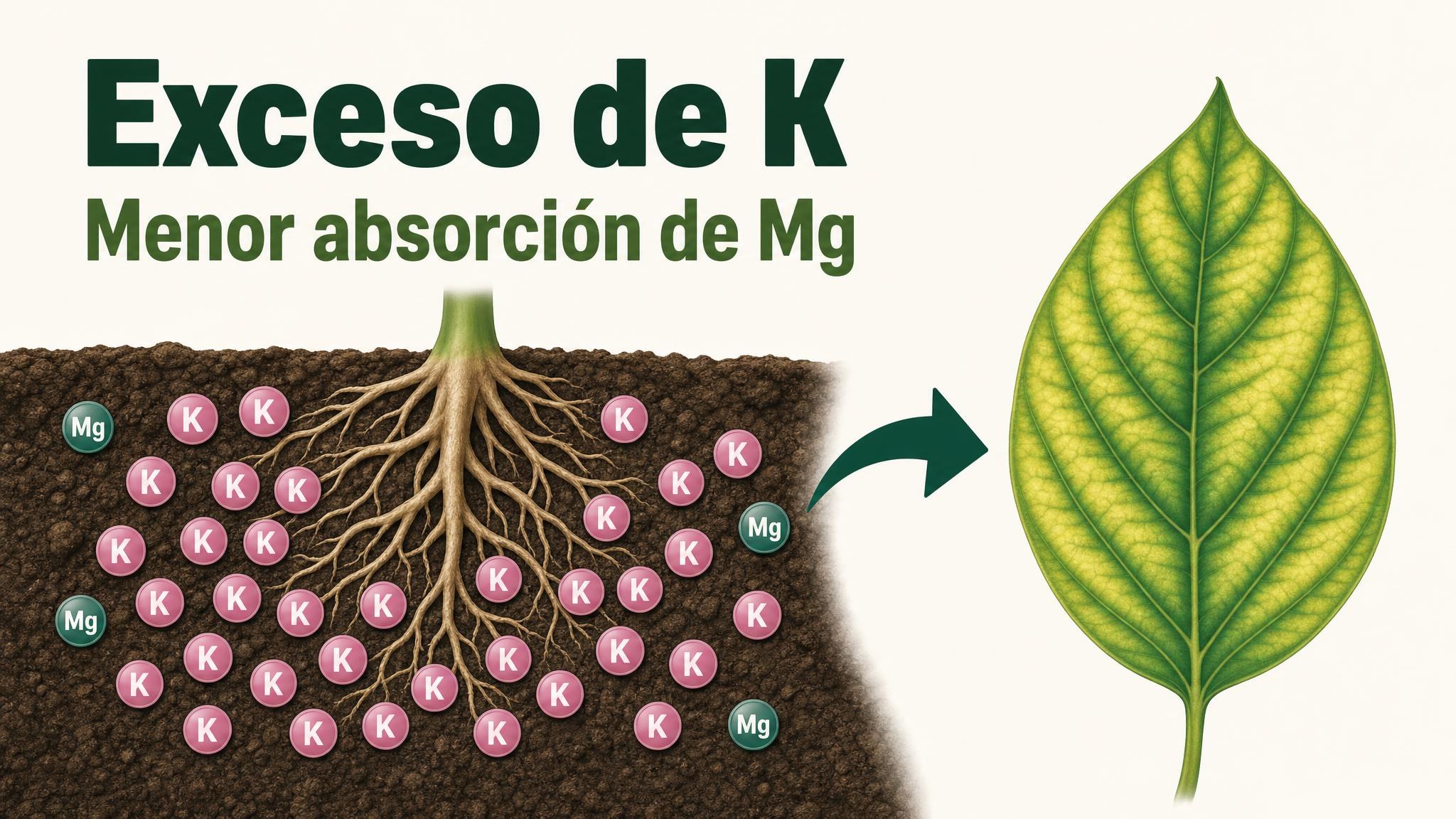 Diagrama que muestra cómo el exceso de potasio puede dificultar la absorción de magnesio y causar clorosis internerval.