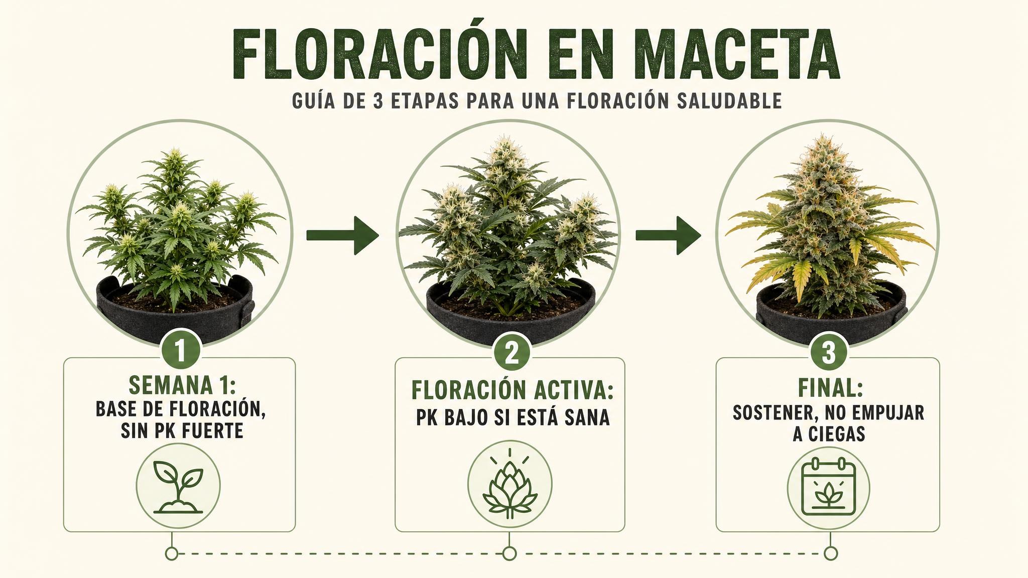 Línea de tiempo que resume cuándo usar fertilizante base y cuándo considerar PK durante la floración.