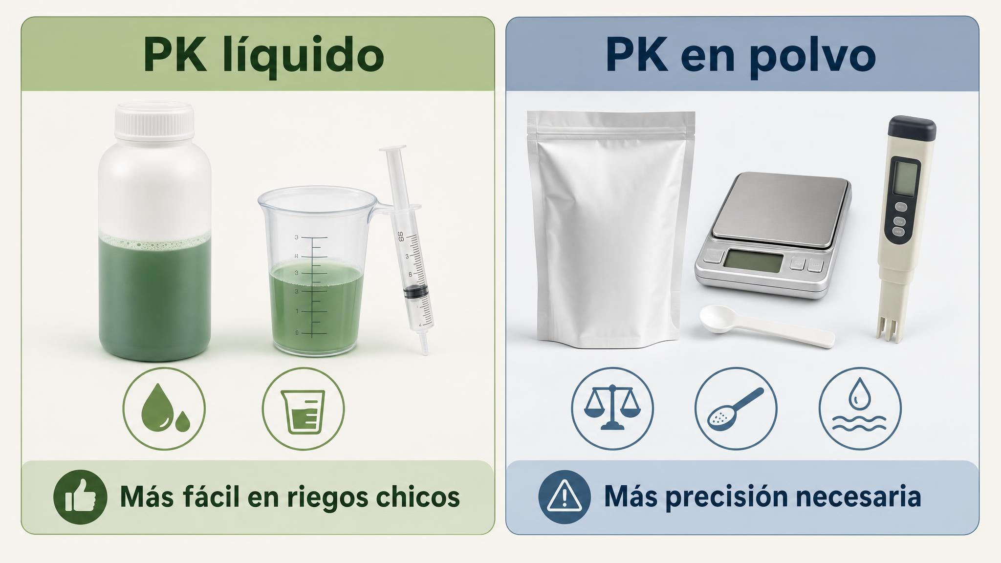 Comparación visual entre PK líquido y PK en polvo, destacando medición, dosificación y necesidad de precisión.