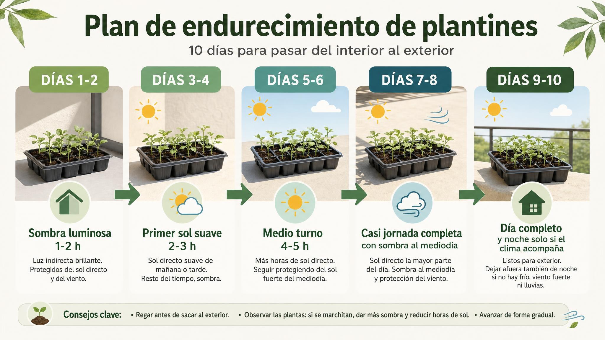 Plan visual de 10 días para adaptar plantines del interior al exterior gradualmente.